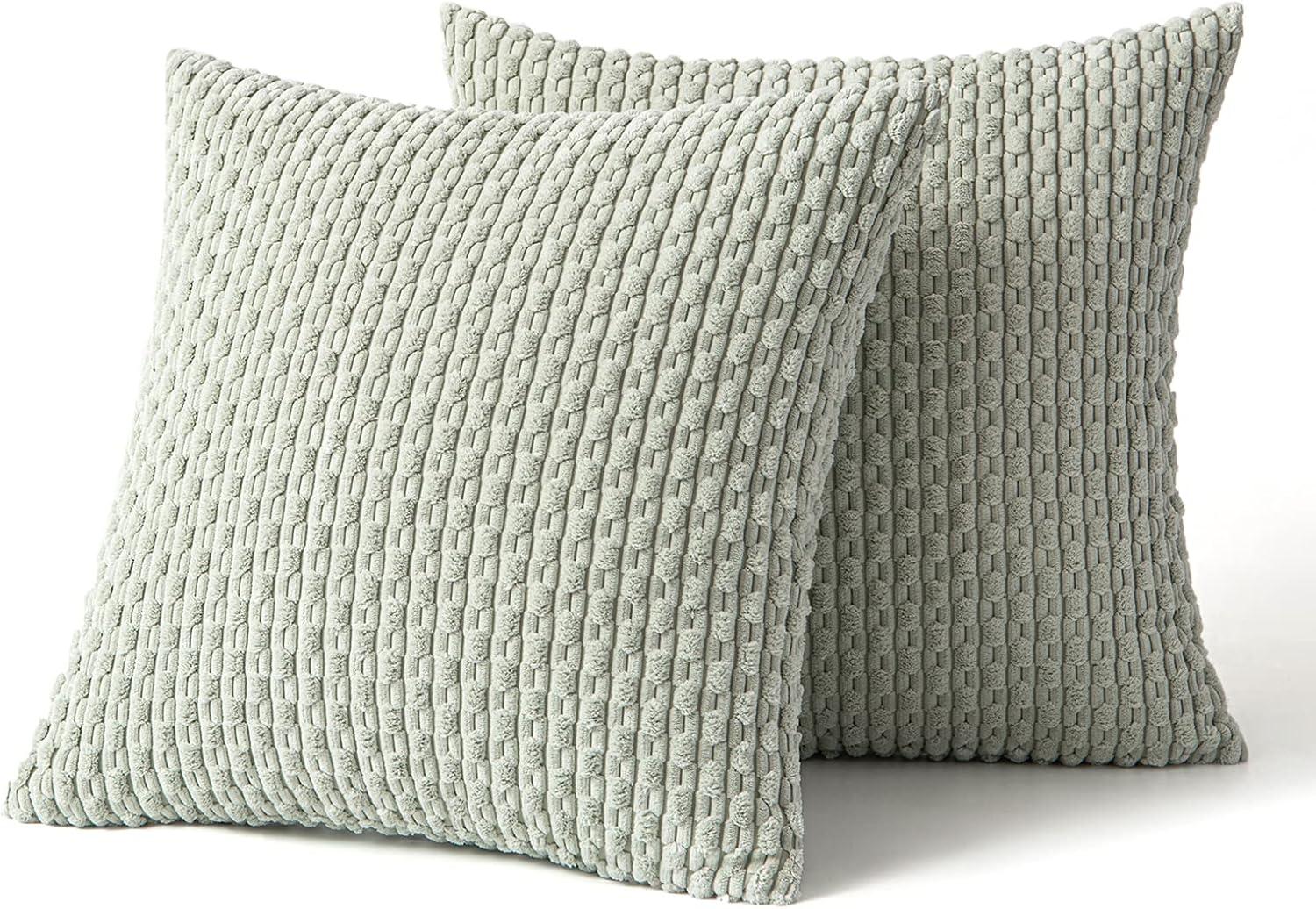 imageMIULEE Christmas Throw Pillow Covers Soft Corduroy Decorative Set of 2 Boho Striped Pillow Covers Pillowcases Farmhouse Home Decor for Couch Bed Sofa Living Room 18x18 Inch Pure WhiteLight Green