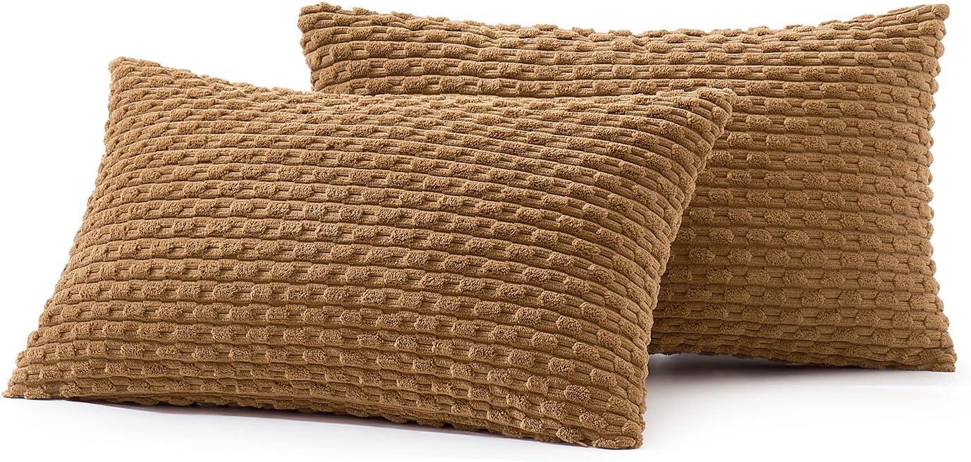imageMIULEE Christmas Throw Pillow Covers Soft Corduroy Decorative Set of 2 Boho Striped Pillow Covers Pillowcases Farmhouse Home Decor for Couch Bed Sofa Living Room 18x18 Inch Pure WhiteLight Coffee