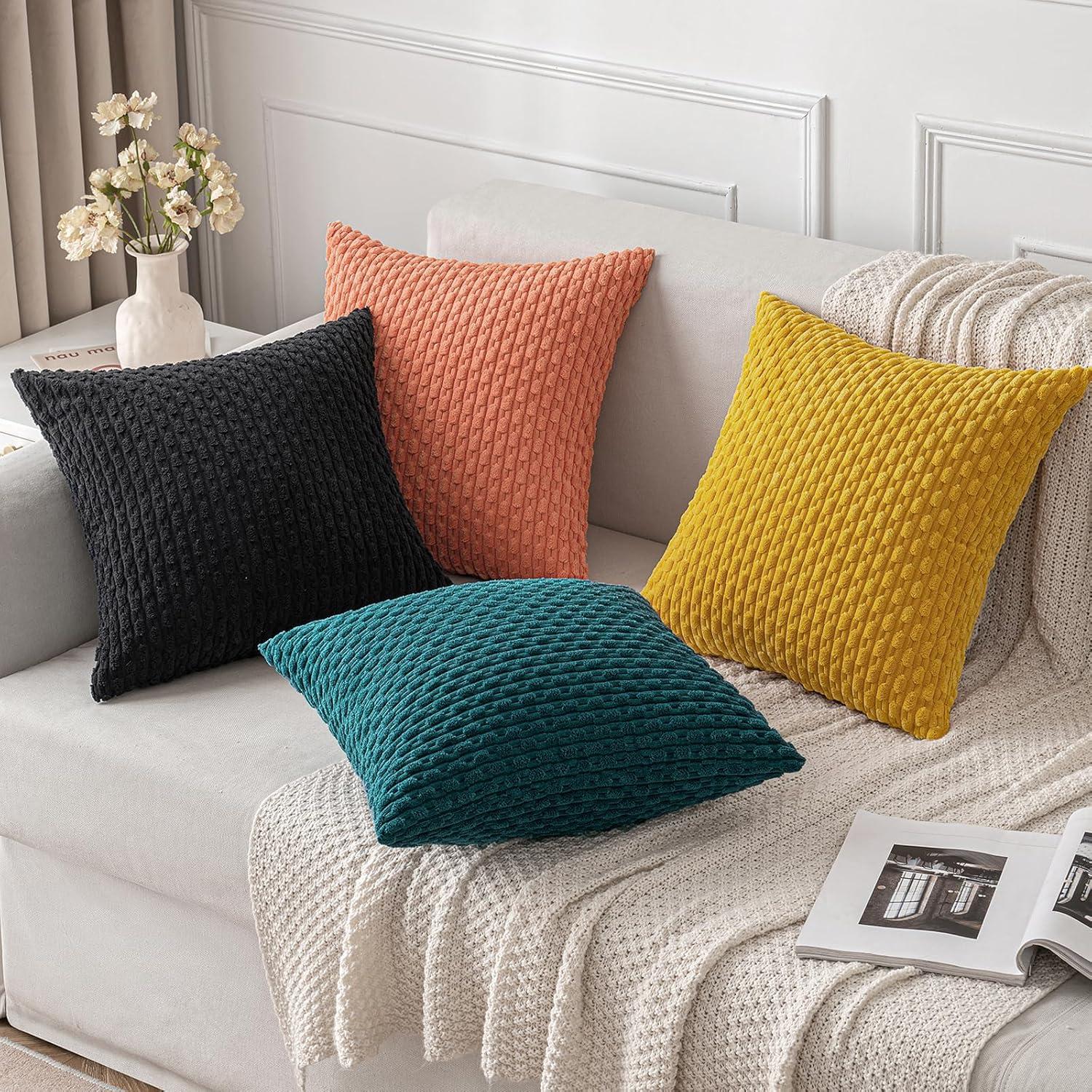 imageMIULEE Christmas Throw Pillow Covers Soft Corduroy Decorative Set of 2 Boho Striped Pillow Covers Pillowcases Farmhouse Home Decor for Couch Bed Sofa Living Room 18x18 Inch Pure WhiteMustard Yellow