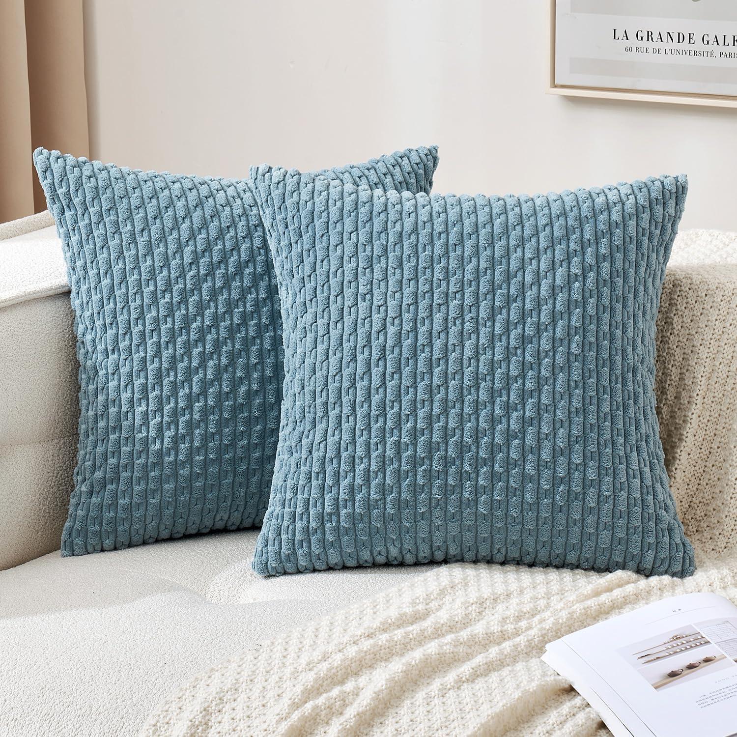 imageMIULEE Christmas Throw Pillow Covers Soft Corduroy Decorative Set of 2 Boho Striped Pillow Covers Pillowcases Farmhouse Home Decor for Couch Bed Sofa Living Room 18x18 Inch Pure WhiteBlue Grey