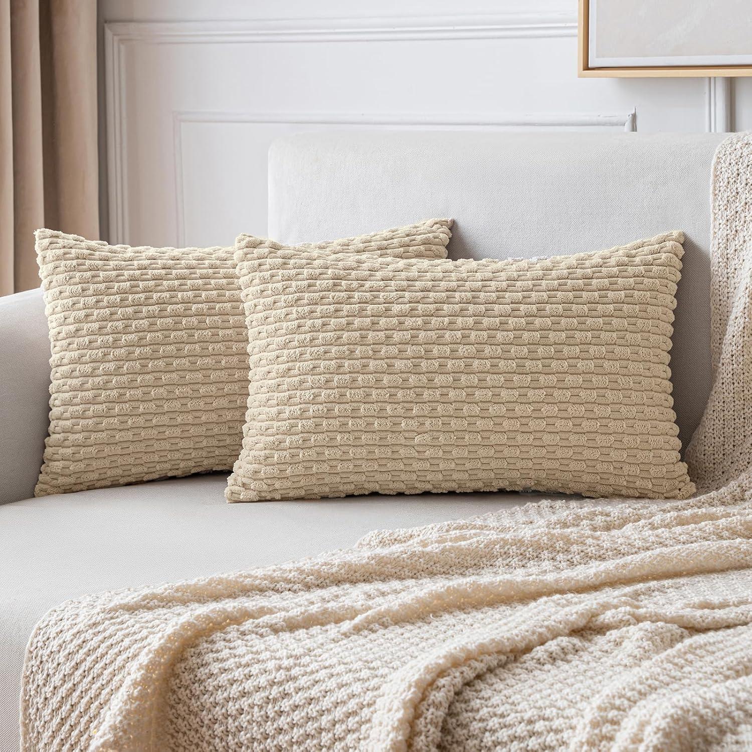 imageMIULEE Christmas Throw Pillow Covers Soft Corduroy Decorative Set of 2 Boho Striped Pillow Covers Pillowcases Farmhouse Home Decor for Couch Bed Sofa Living Room 18x18 Inch Pure WhiteBeige