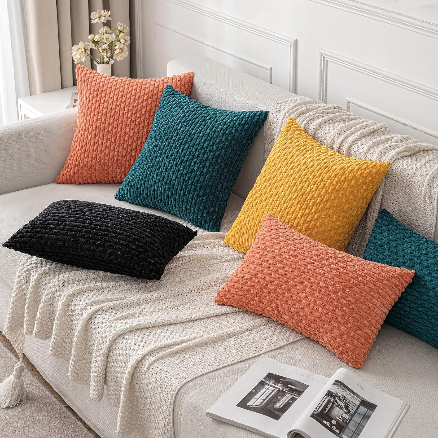 imageMIULEE Christmas Throw Pillow Covers Soft Corduroy Decorative Set of 2 Boho Striped Pillow Covers Pillowcases Farmhouse Home Decor for Couch Bed Sofa Living Room 18x18 Inch Pure WhiteTeal Blue
