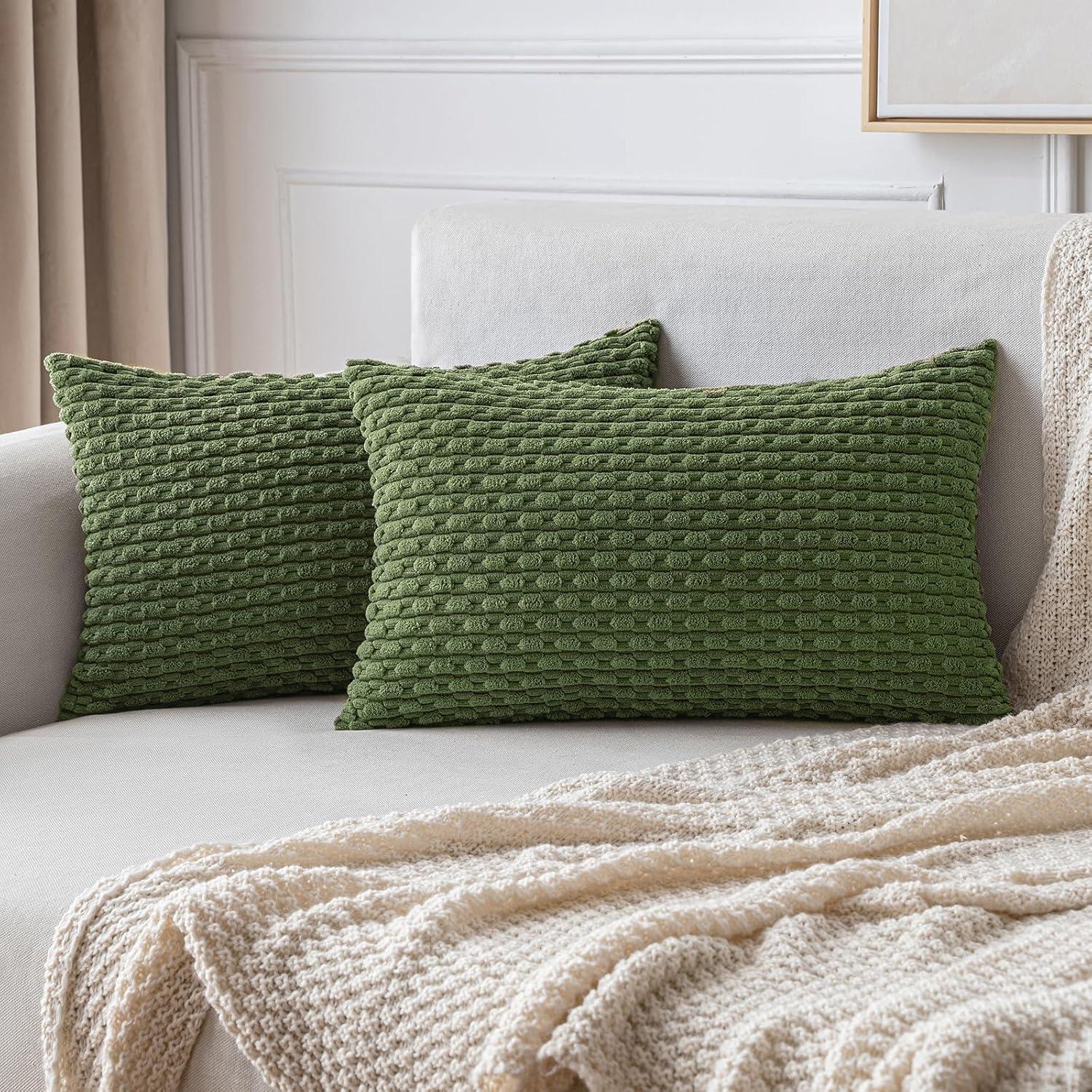 imageMIULEE Christmas Throw Pillow Covers Soft Corduroy Decorative Set of 2 Boho Striped Pillow Covers Pillowcases Farmhouse Home Decor for Couch Bed Sofa Living Room 18x18 Inch Pure WhiteMoss Green
