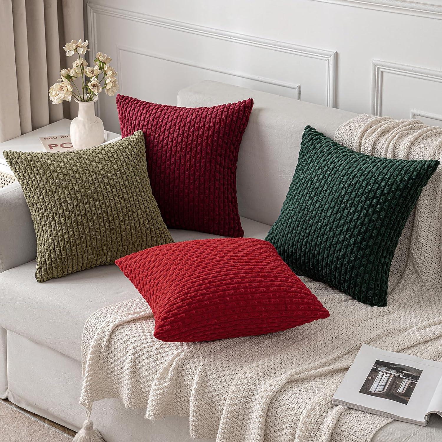 imageMIULEE Christmas Throw Pillow Covers Soft Corduroy Decorative Set of 2 Boho Striped Pillow Covers Pillowcases Farmhouse Home Decor for Couch Bed Sofa Living Room 18x18 Inch Pure WhiteRed