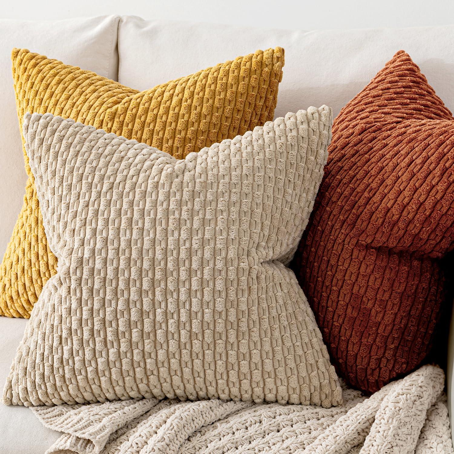 imageMIULEE Christmas Throw Pillow Covers Soft Corduroy Decorative Set of 2 Boho Striped Pillow Covers Pillowcases Farmhouse Home Decor for Couch Bed Sofa Living Room 18x18 Inch Pure WhiteRust