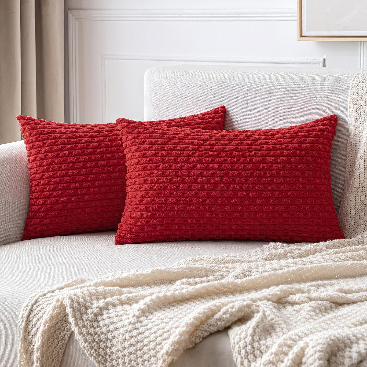 imageMIULEE Christmas Throw Pillow Covers Soft Corduroy Decorative Set of 2 Boho Striped Pillow Covers Pillowcases Farmhouse Home Decor for Couch Bed Sofa Living Room 18x18 Inch Pure WhiteRed
