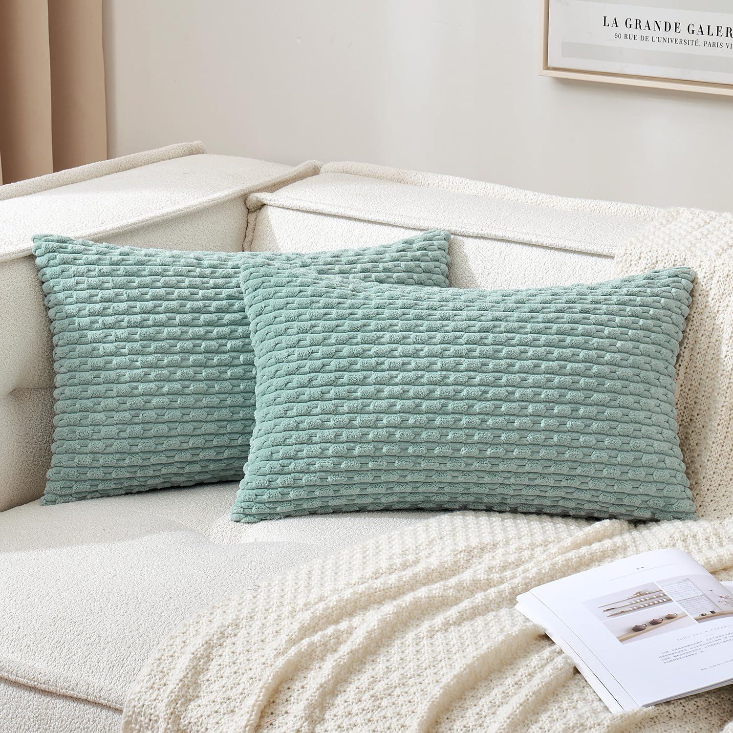 imageMIULEE Christmas Throw Pillow Covers Soft Corduroy Decorative Set of 2 Boho Striped Pillow Covers Pillowcases Farmhouse Home Decor for Couch Bed Sofa Living Room 18x18 Inch Pure WhiteTurquoise