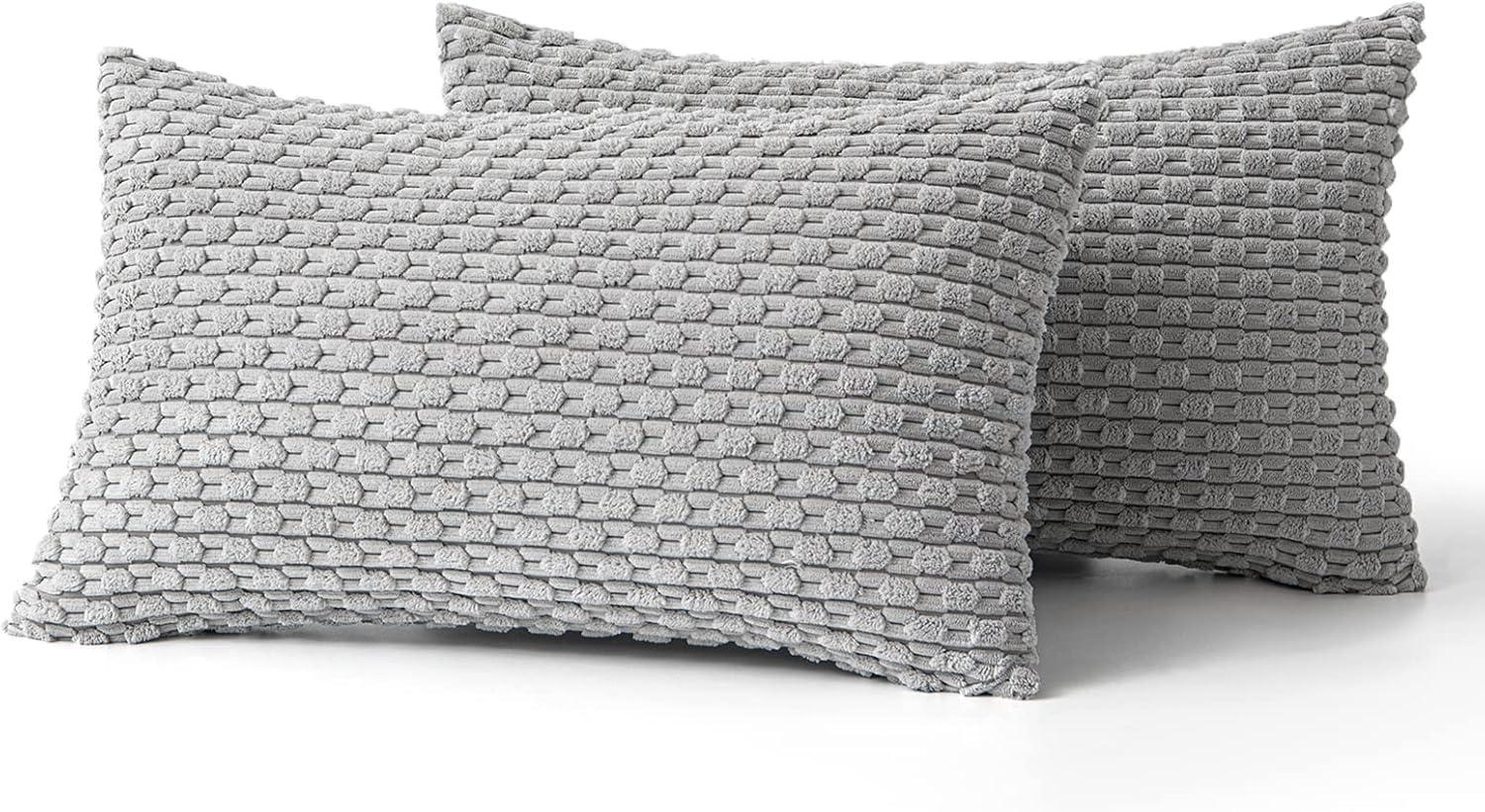imageMIULEE Christmas Throw Pillow Covers Soft Corduroy Decorative Set of 2 Boho Striped Pillow Covers Pillowcases Farmhouse Home Decor for Couch Bed Sofa Living Room 18x18 Inch Pure WhiteLight Grey