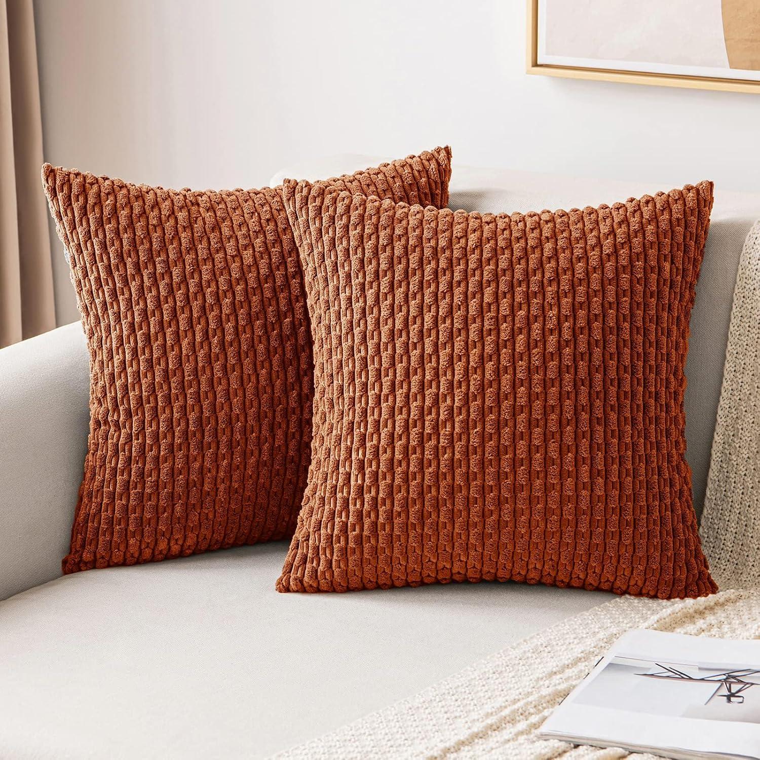 imageMIULEE Christmas Throw Pillow Covers Soft Corduroy Decorative Set of 2 Boho Striped Pillow Covers Pillowcases Farmhouse Home Decor for Couch Bed Sofa Living Room 18x18 Inch Pure WhiteRust