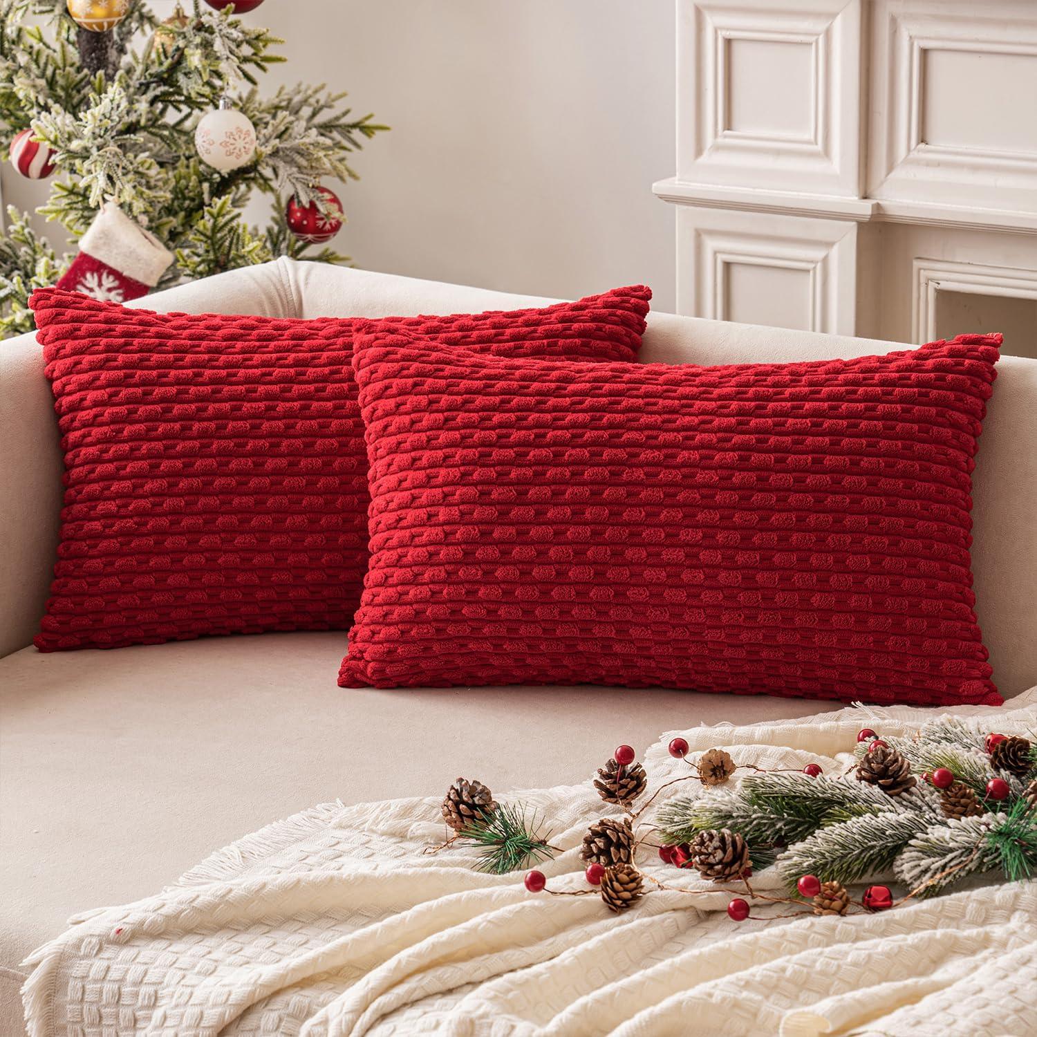 imageMIULEE Christmas Throw Pillow Covers Soft Corduroy Decorative Set of 2 Boho Striped Pillow Covers Pillowcases Farmhouse Home Decor for Couch Bed Sofa Living Room 18x18 Inch Pure WhiteRed