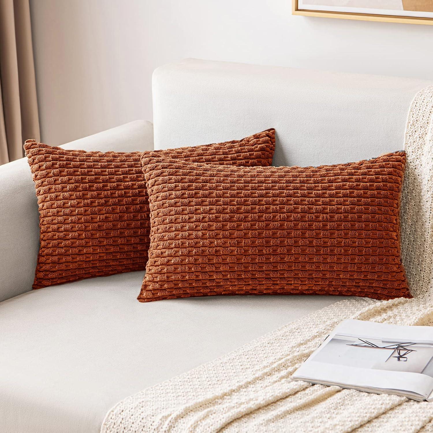 imageMIULEE Christmas Throw Pillow Covers Soft Corduroy Decorative Set of 2 Boho Striped Pillow Covers Pillowcases Farmhouse Home Decor for Couch Bed Sofa Living Room 18x18 Inch Pure WhiteRust