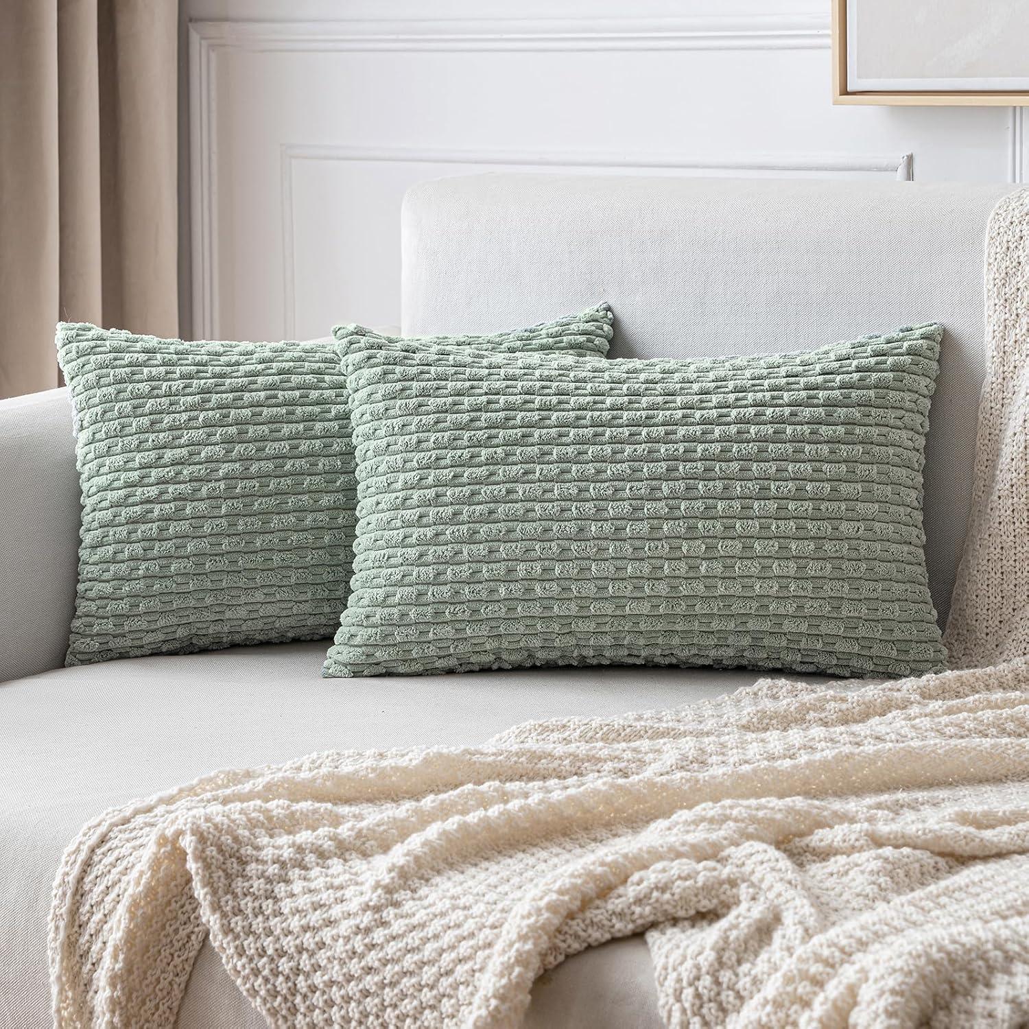 imageMIULEE Christmas Throw Pillow Covers Soft Corduroy Decorative Set of 2 Boho Striped Pillow Covers Pillowcases Farmhouse Home Decor for Couch Bed Sofa Living Room 18x18 Inch Pure WhiteGreyish Green