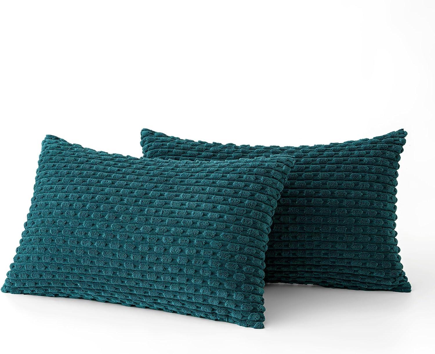 imageMIULEE Christmas Throw Pillow Covers Soft Corduroy Decorative Set of 2 Boho Striped Pillow Covers Pillowcases Farmhouse Home Decor for Couch Bed Sofa Living Room 18x18 Inch Pure WhiteTeal Blue