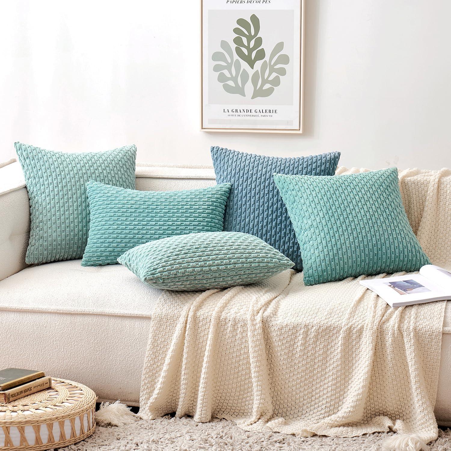 imageMIULEE Christmas Throw Pillow Covers Soft Corduroy Decorative Set of 2 Boho Striped Pillow Covers Pillowcases Farmhouse Home Decor for Couch Bed Sofa Living Room 18x18 Inch Pure WhiteAqua Green
