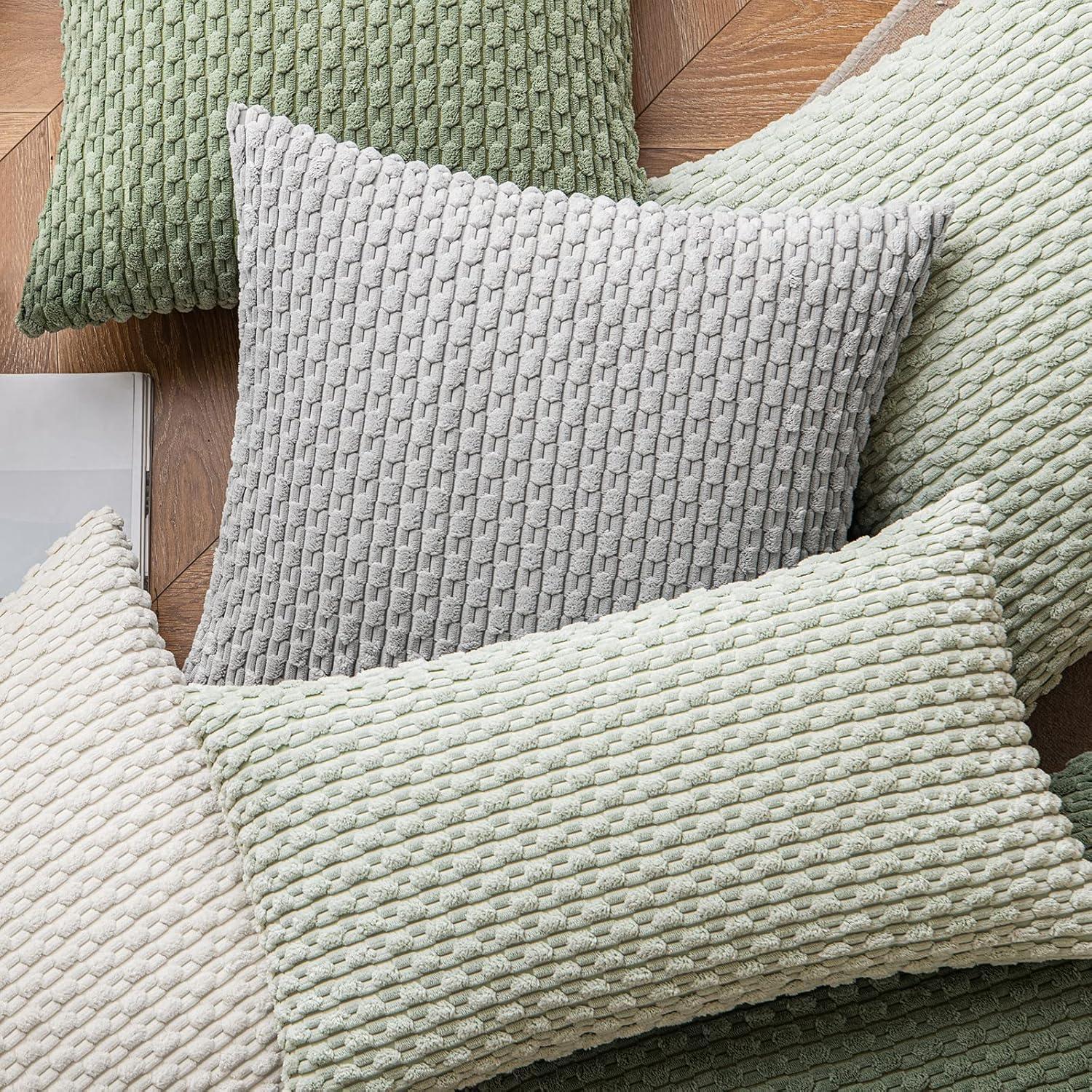imageMIULEE Christmas Throw Pillow Covers Soft Corduroy Decorative Set of 2 Boho Striped Pillow Covers Pillowcases Farmhouse Home Decor for Couch Bed Sofa Living Room 18x18 Inch Pure WhiteLight Green