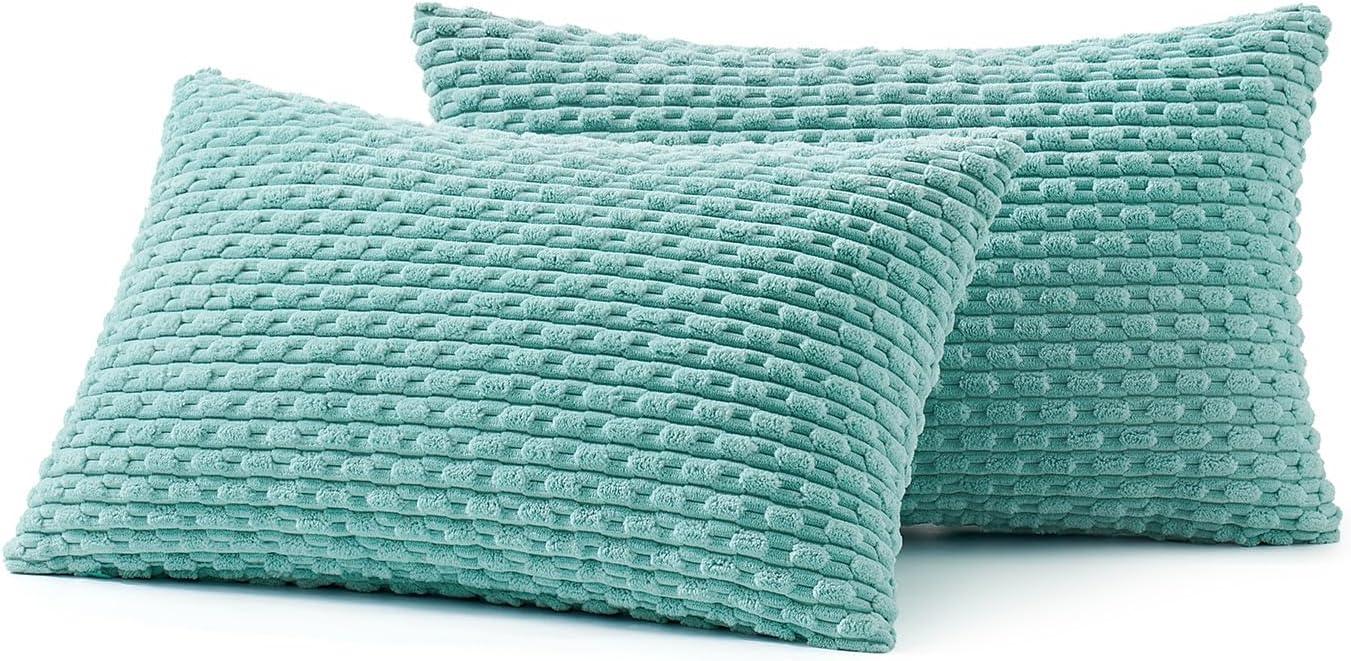 imageMIULEE Christmas Throw Pillow Covers Soft Corduroy Decorative Set of 2 Boho Striped Pillow Covers Pillowcases Farmhouse Home Decor for Couch Bed Sofa Living Room 18x18 Inch Pure WhiteAqua Green