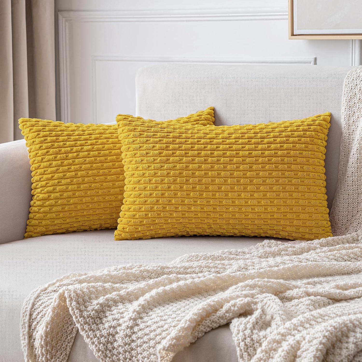 imageMIULEE Christmas Throw Pillow Covers Soft Corduroy Decorative Set of 2 Boho Striped Pillow Covers Pillowcases Farmhouse Home Decor for Couch Bed Sofa Living Room 18x18 Inch Pure WhiteMustard Yellow