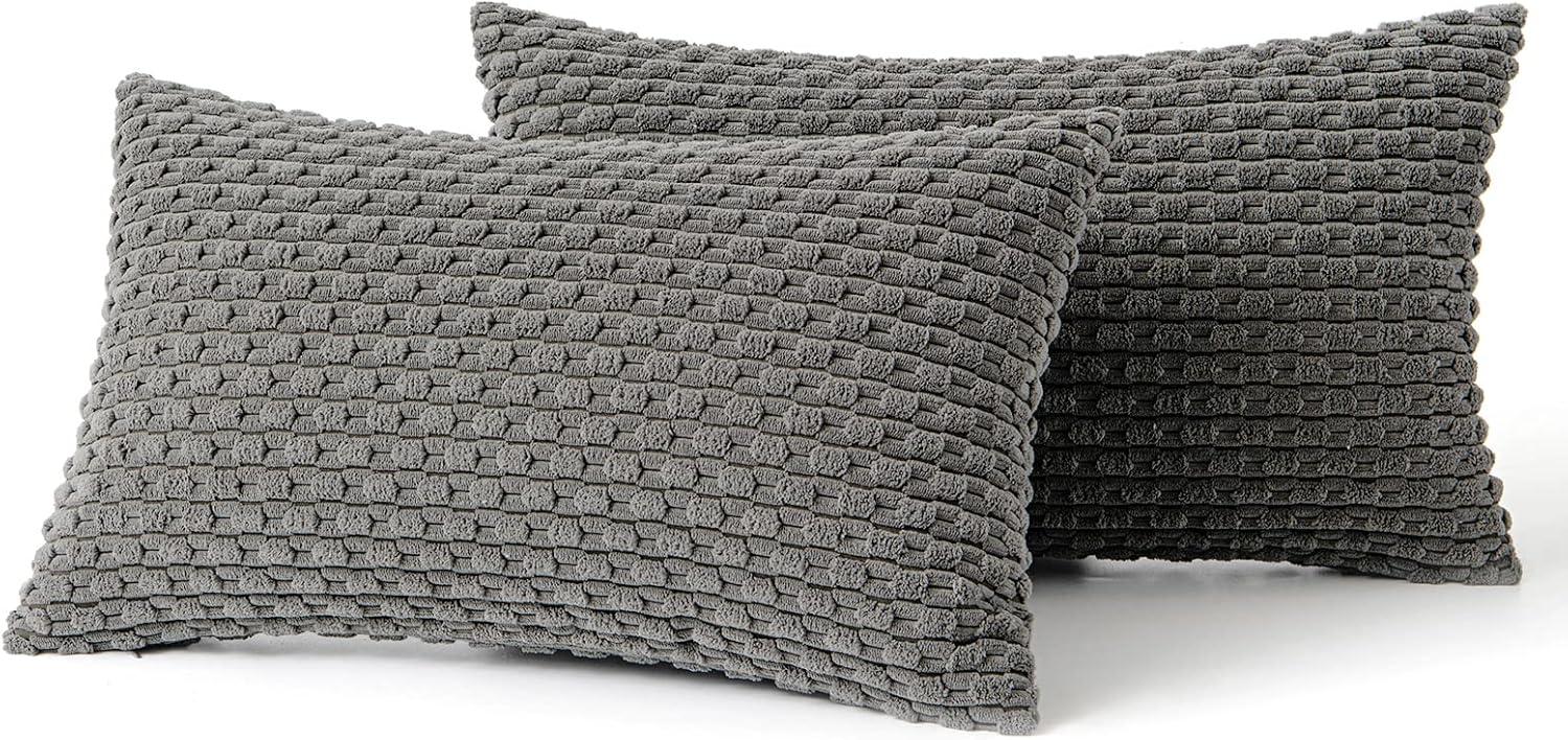 imageMIULEE Christmas Throw Pillow Covers Soft Corduroy Decorative Set of 2 Boho Striped Pillow Covers Pillowcases Farmhouse Home Decor for Couch Bed Sofa Living Room 18x18 Inch Pure WhiteDark Grey