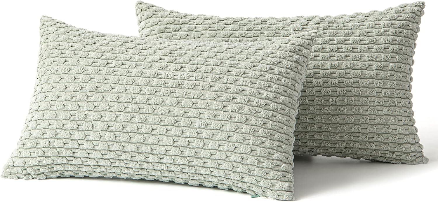 imageMIULEE Christmas Throw Pillow Covers Soft Corduroy Decorative Set of 2 Boho Striped Pillow Covers Pillowcases Farmhouse Home Decor for Couch Bed Sofa Living Room 18x18 Inch Pure WhiteLight Green