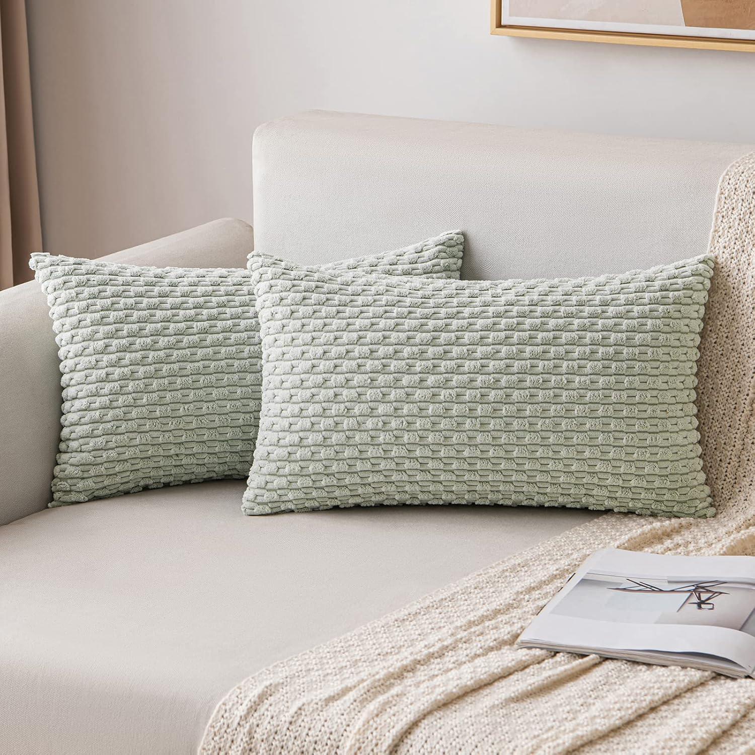 imageMIULEE Christmas Throw Pillow Covers Soft Corduroy Decorative Set of 2 Boho Striped Pillow Covers Pillowcases Farmhouse Home Decor for Couch Bed Sofa Living Room 18x18 Inch Pure WhiteLight Green
