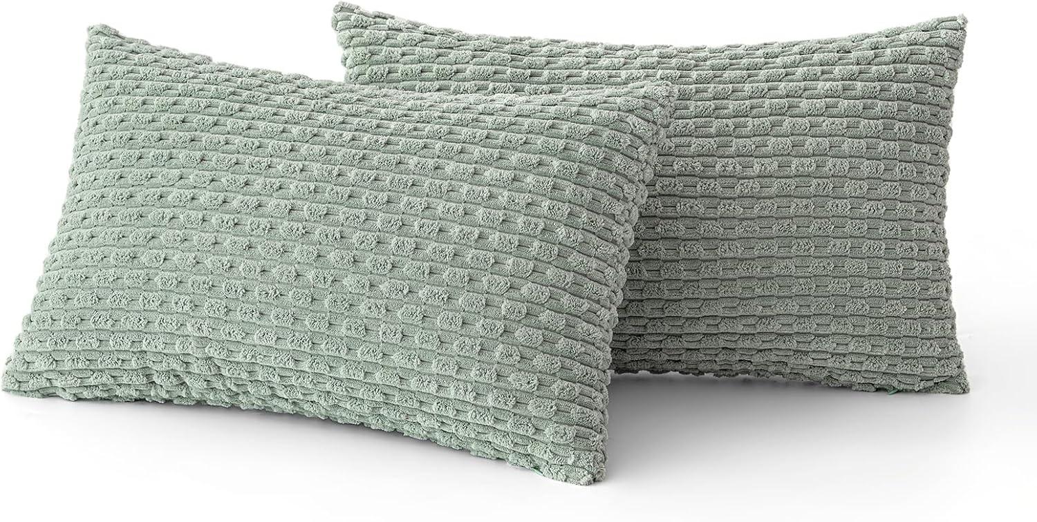imageMIULEE Christmas Throw Pillow Covers Soft Corduroy Decorative Set of 2 Boho Striped Pillow Covers Pillowcases Farmhouse Home Decor for Couch Bed Sofa Living Room 18x18 Inch Pure WhiteGreyish Green