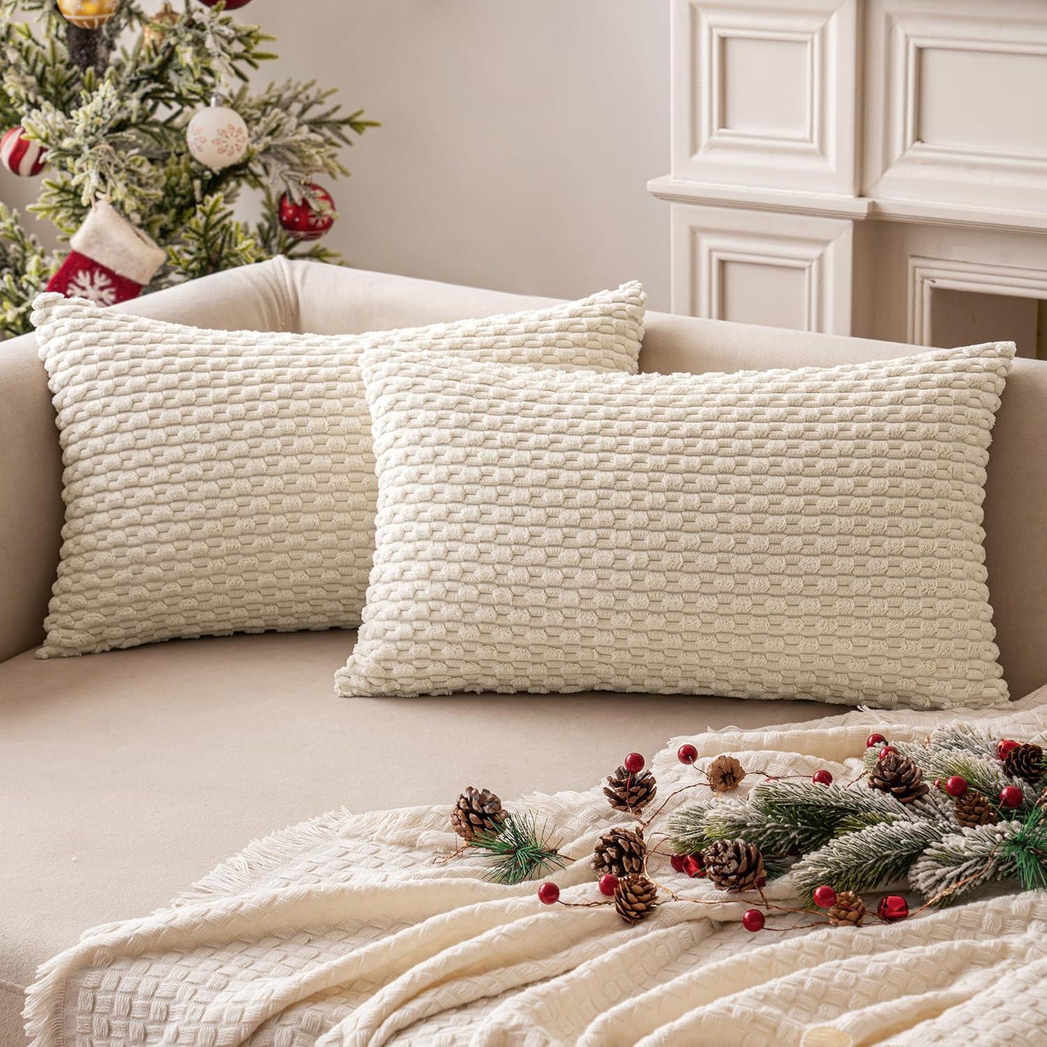 imageMIULEE Christmas Throw Pillow Covers Soft Corduroy Decorative Set of 2 Boho Striped Pillow Covers Pillowcases Farmhouse Home Decor for Couch Bed Sofa Living Room 18x18 Inch Pure WhiteCream White