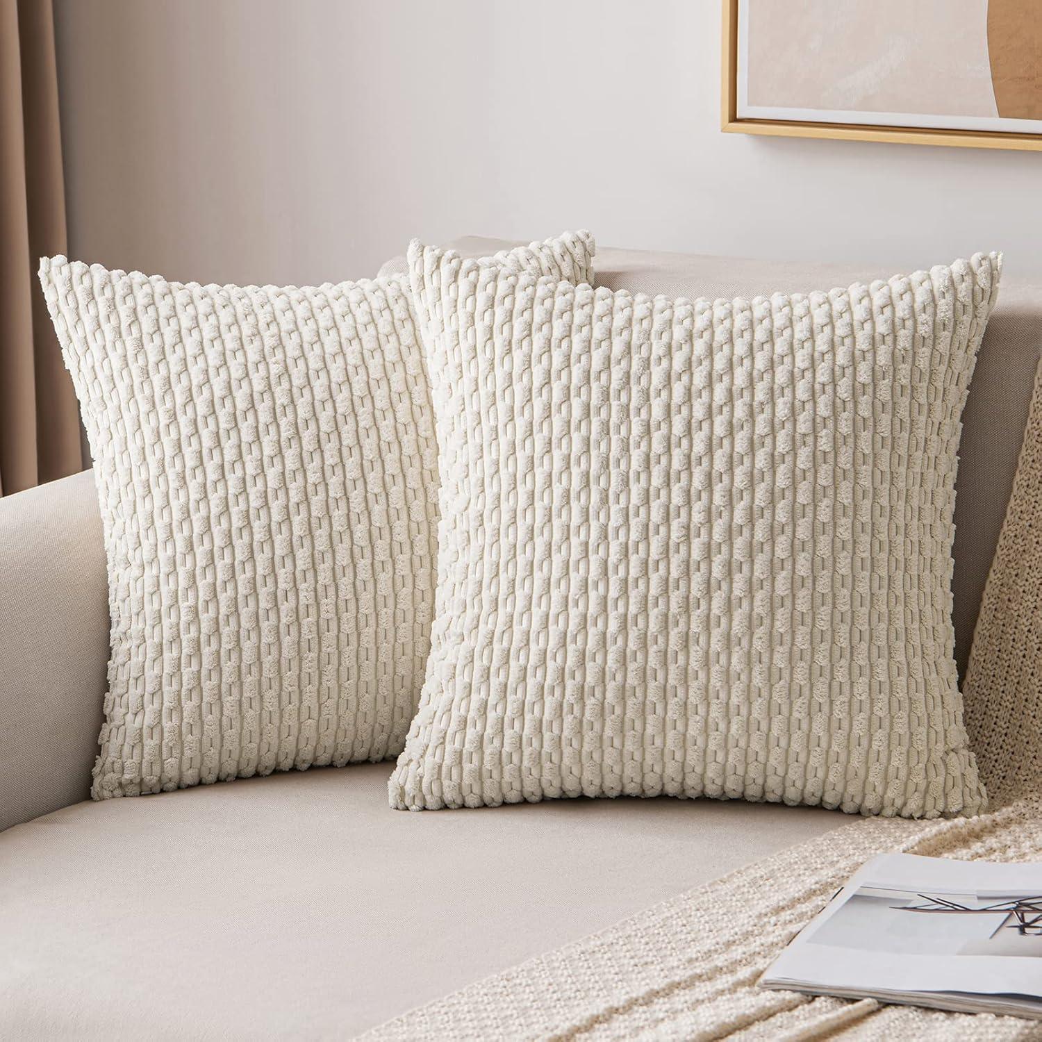 imageMIULEE Christmas Throw Pillow Covers Soft Corduroy Decorative Set of 2 Boho Striped Pillow Covers Pillowcases Farmhouse Home Decor for Couch Bed Sofa Living Room 18x18 Inch Pure WhiteCream White
