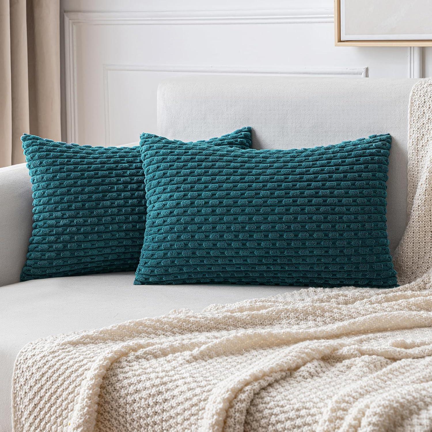 imageMIULEE Christmas Throw Pillow Covers Soft Corduroy Decorative Set of 2 Boho Striped Pillow Covers Pillowcases Farmhouse Home Decor for Couch Bed Sofa Living Room 18x18 Inch Pure WhiteTeal Blue