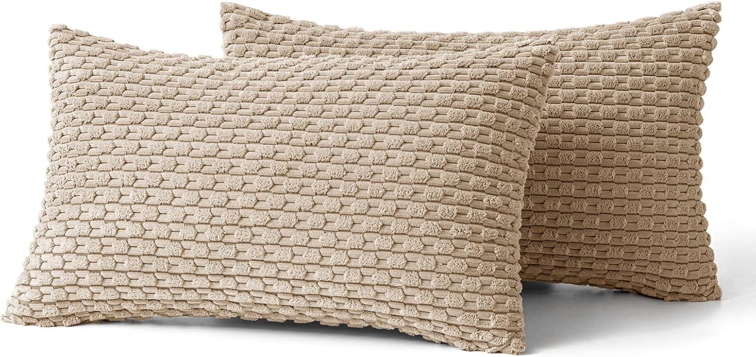 imageMIULEE Christmas Throw Pillow Covers Soft Corduroy Decorative Set of 2 Boho Striped Pillow Covers Pillowcases Farmhouse Home Decor for Couch Bed Sofa Living Room 18x18 Inch Pure WhiteTan