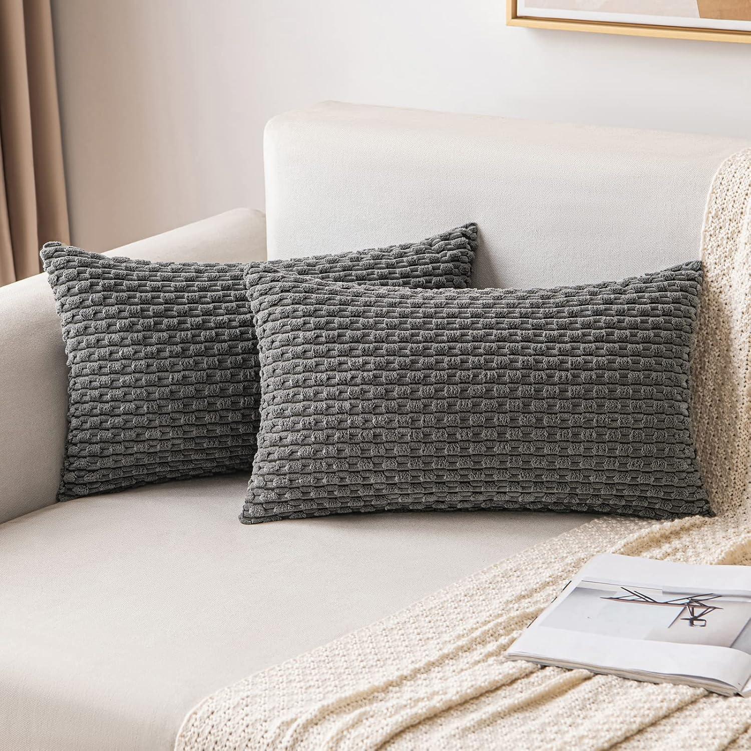 imageMIULEE Christmas Throw Pillow Covers Soft Corduroy Decorative Set of 2 Boho Striped Pillow Covers Pillowcases Farmhouse Home Decor for Couch Bed Sofa Living Room 18x18 Inch Pure WhiteDark Grey