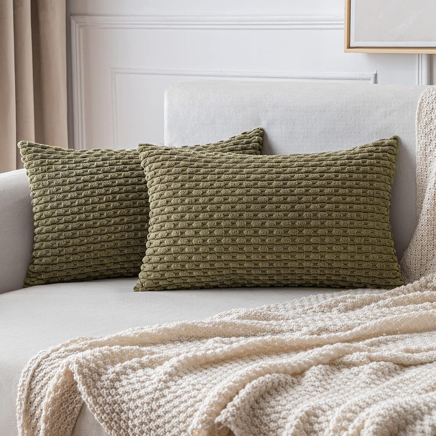 imageMIULEE Christmas Throw Pillow Covers Soft Corduroy Decorative Set of 2 Boho Striped Pillow Covers Pillowcases Farmhouse Home Decor for Couch Bed Sofa Living Room 18x18 Inch Pure WhiteOlive Green