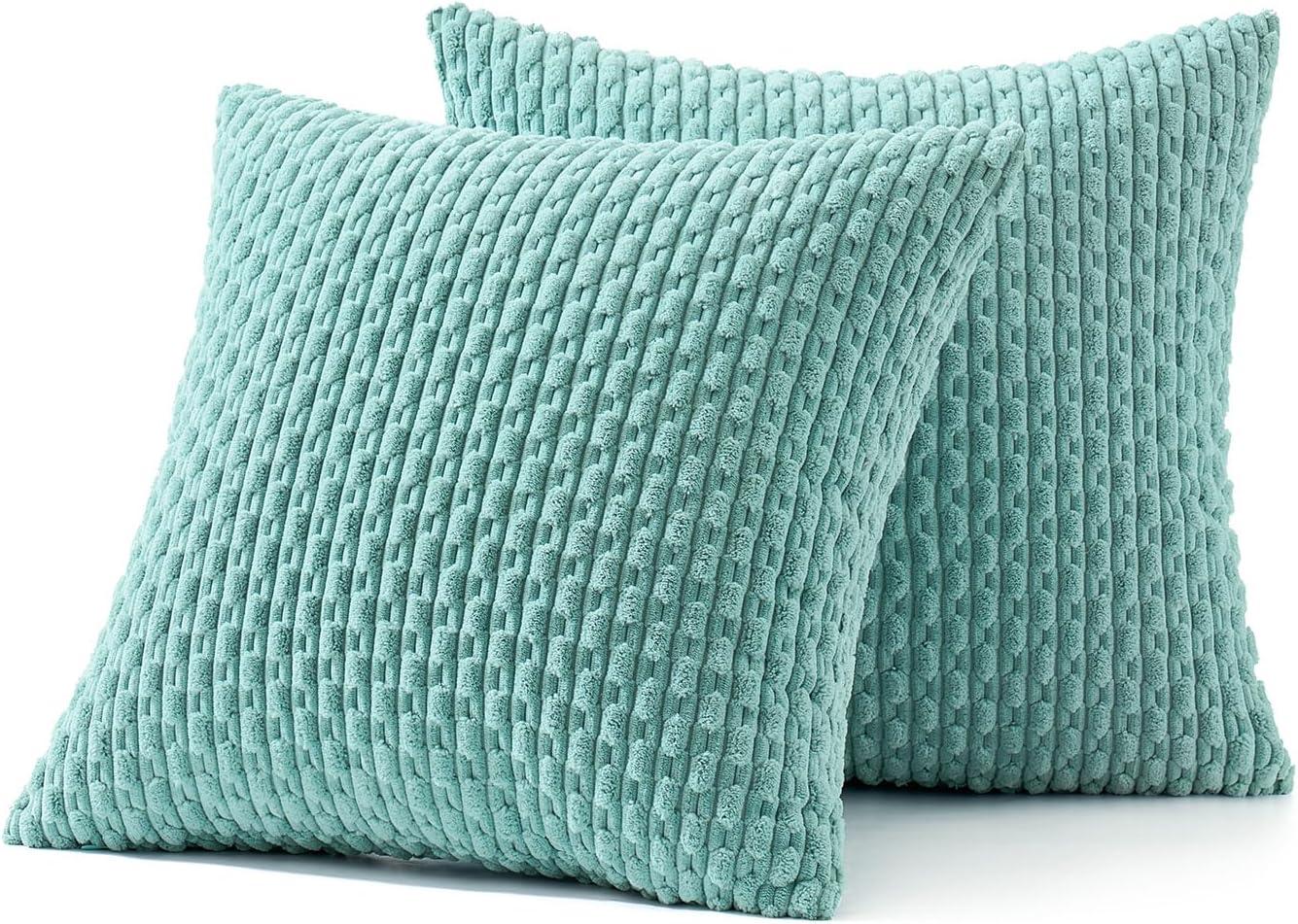 imageMIULEE Christmas Throw Pillow Covers Soft Corduroy Decorative Set of 2 Boho Striped Pillow Covers Pillowcases Farmhouse Home Decor for Couch Bed Sofa Living Room 18x18 Inch Pure WhiteAqua Green