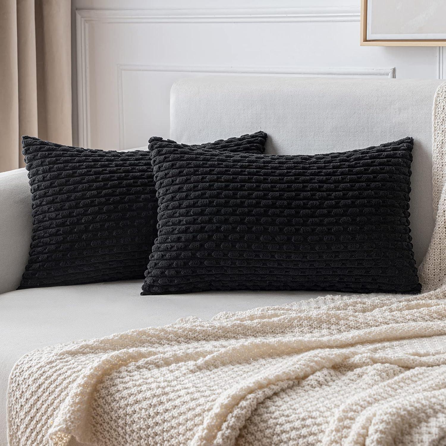 imageMIULEE Christmas Throw Pillow Covers Soft Corduroy Decorative Set of 2 Boho Striped Pillow Covers Pillowcases Farmhouse Home Decor for Couch Bed Sofa Living Room 18x18 Inch Pure WhiteBlack