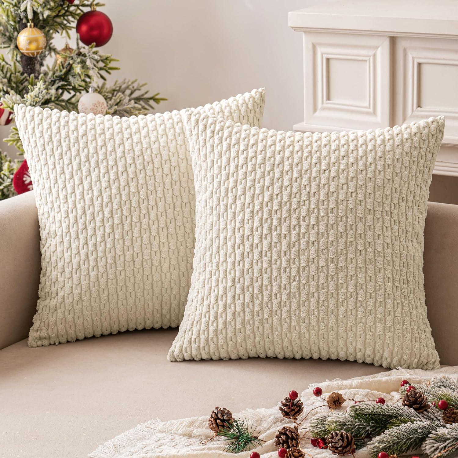 imageMIULEE Christmas Throw Pillow Covers Soft Corduroy Decorative Set of 2 Boho Striped Pillow Covers Pillowcases Farmhouse Home Decor for Couch Bed Sofa Living Room 18x18 Inch Pure WhiteCream White
