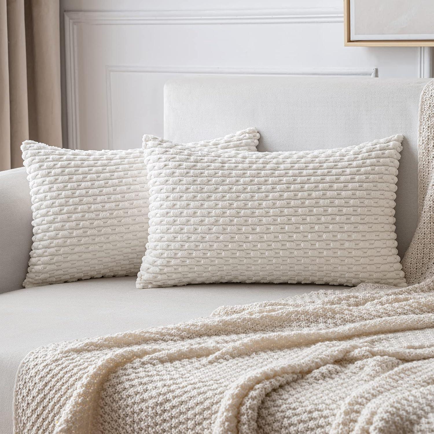 imageMIULEE Christmas Throw Pillow Covers Soft Corduroy Decorative Set of 2 Boho Striped Pillow Covers Pillowcases Farmhouse Home Decor for Couch Bed Sofa Living Room 18x18 Inch Pure WhitePure White