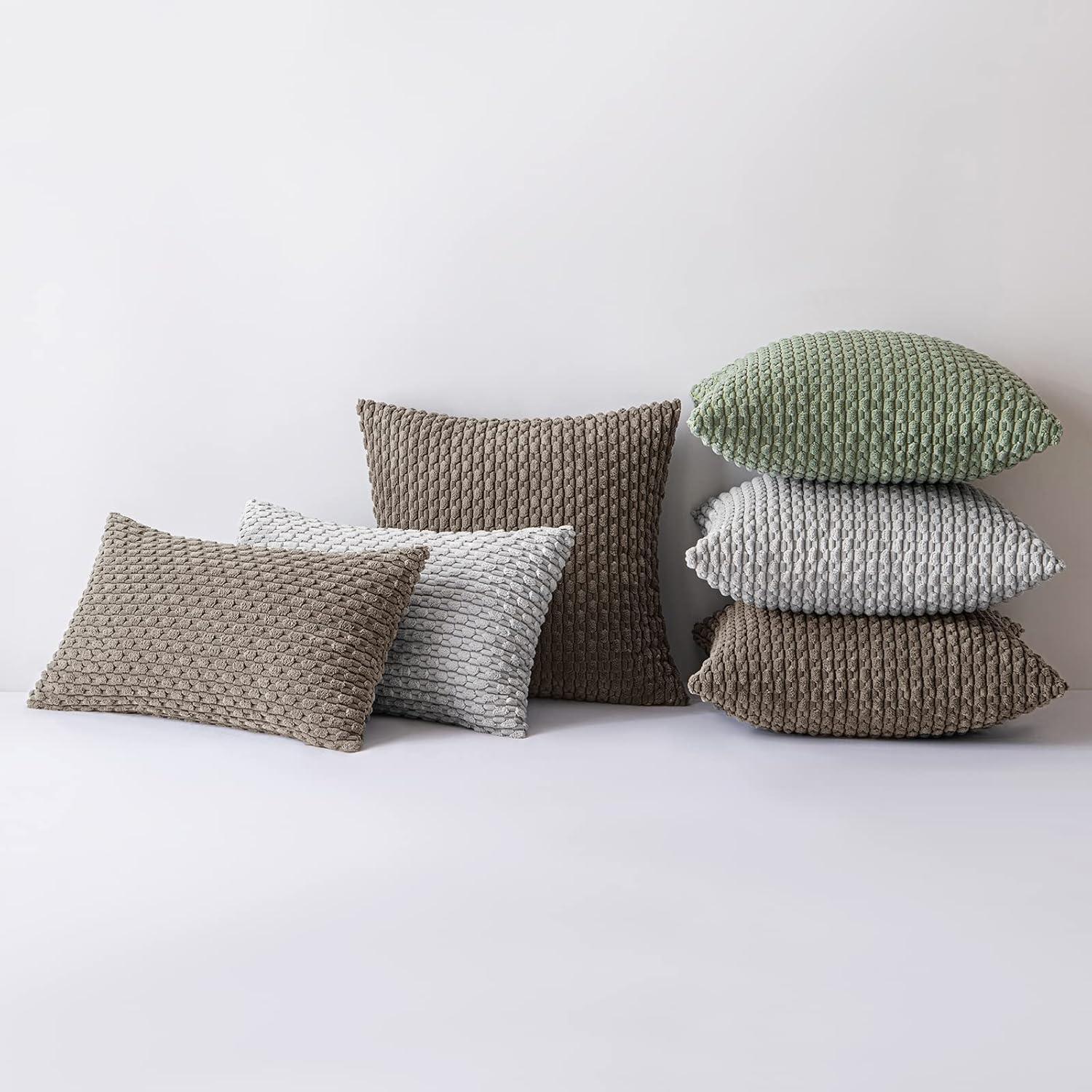 imageMIULEE Christmas Throw Pillow Covers Soft Corduroy Decorative Set of 2 Boho Striped Pillow Covers Pillowcases Farmhouse Home Decor for Couch Bed Sofa Living Room 18x18 Inch Pure WhiteBrown