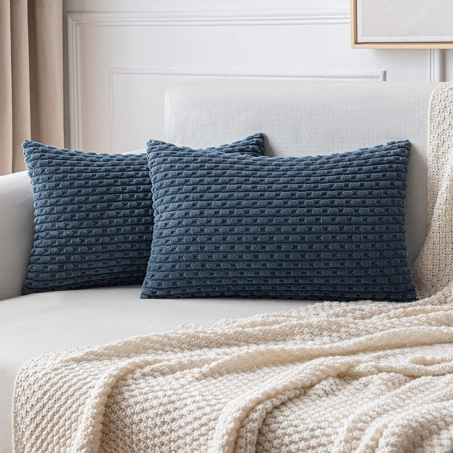 imageMIULEE Christmas Throw Pillow Covers Soft Corduroy Decorative Set of 2 Boho Striped Pillow Covers Pillowcases Farmhouse Home Decor for Couch Bed Sofa Living Room 18x18 Inch Pure WhiteBlue