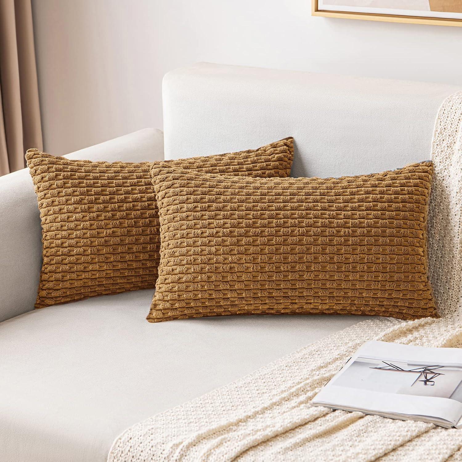 imageMIULEE Christmas Throw Pillow Covers Soft Corduroy Decorative Set of 2 Boho Striped Pillow Covers Pillowcases Farmhouse Home Decor for Couch Bed Sofa Living Room 18x18 Inch Pure WhiteLight Coffee