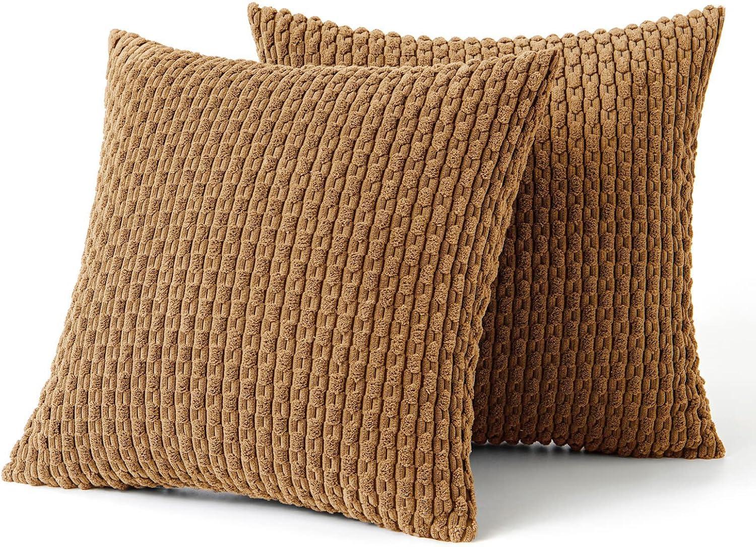 imageMIULEE Christmas Throw Pillow Covers Soft Corduroy Decorative Set of 2 Boho Striped Pillow Covers Pillowcases Farmhouse Home Decor for Couch Bed Sofa Living Room 18x18 Inch Pure WhiteLight Coffee