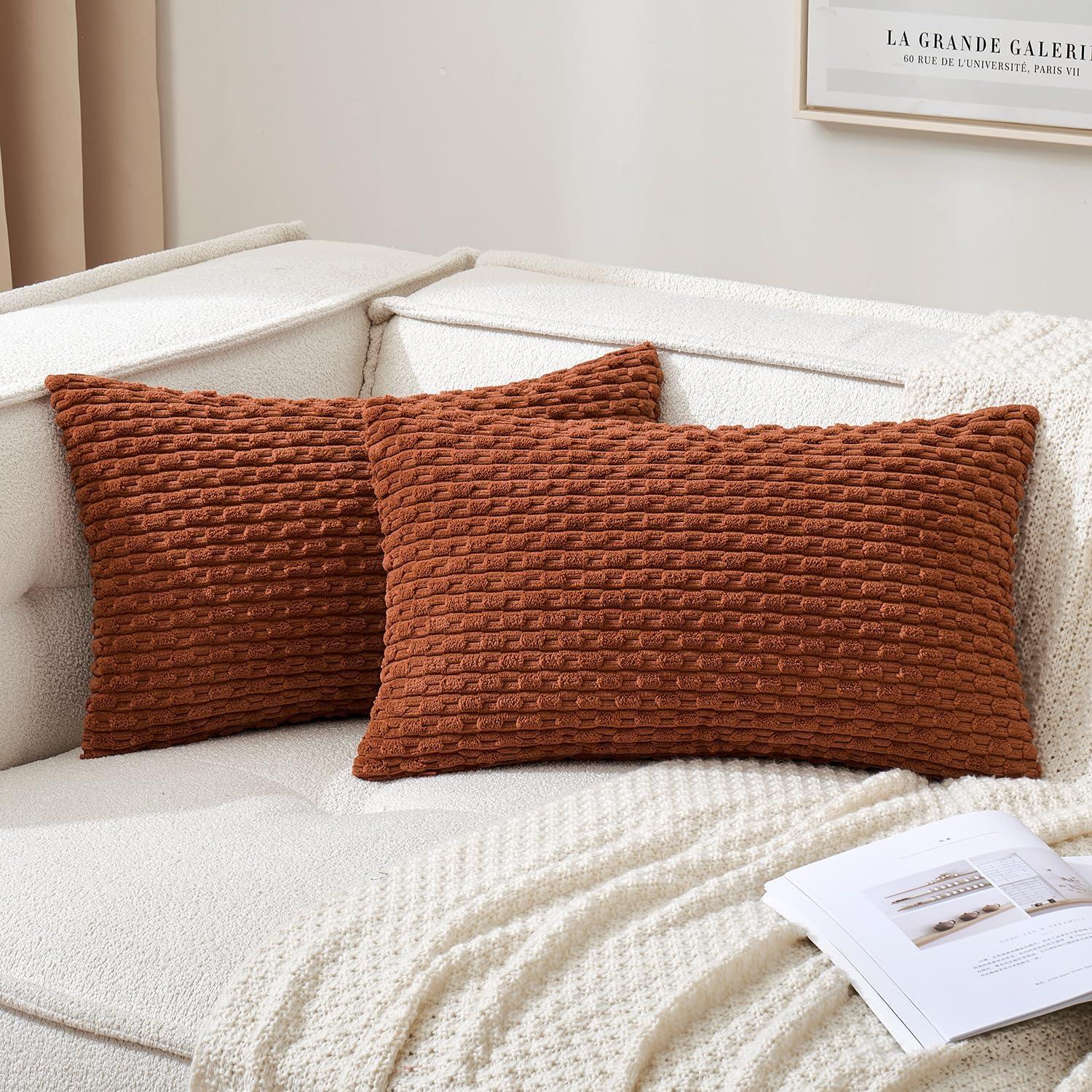 imageMIULEE Christmas Throw Pillow Covers Soft Corduroy Decorative Set of 2 Boho Striped Pillow Covers Pillowcases Farmhouse Home Decor for Couch Bed Sofa Living Room 18x18 Inch Pure WhiteBurnt