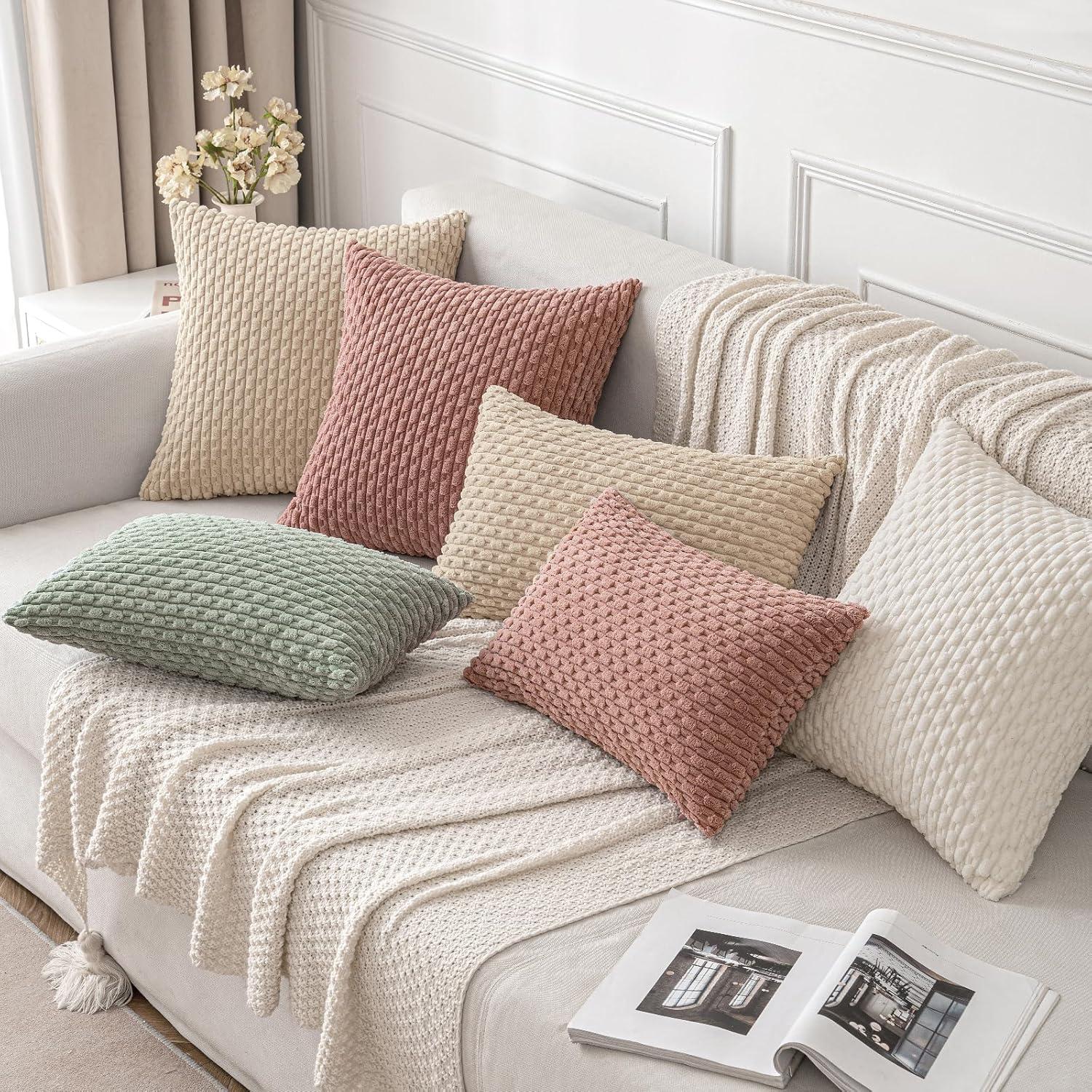imageMIULEE Christmas Throw Pillow Covers Soft Corduroy Decorative Set of 2 Boho Striped Pillow Covers Pillowcases Farmhouse Home Decor for Couch Bed Sofa Living Room 18x18 Inch Pure WhiteBeige