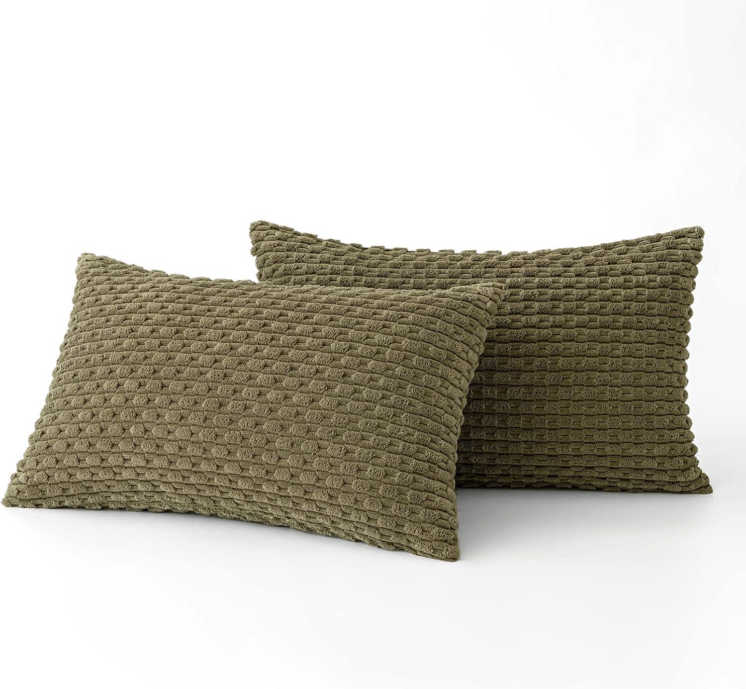 imageMIULEE Christmas Throw Pillow Covers Soft Corduroy Decorative Set of 2 Boho Striped Pillow Covers Pillowcases Farmhouse Home Decor for Couch Bed Sofa Living Room 18x18 Inch Pure WhiteOlive Green