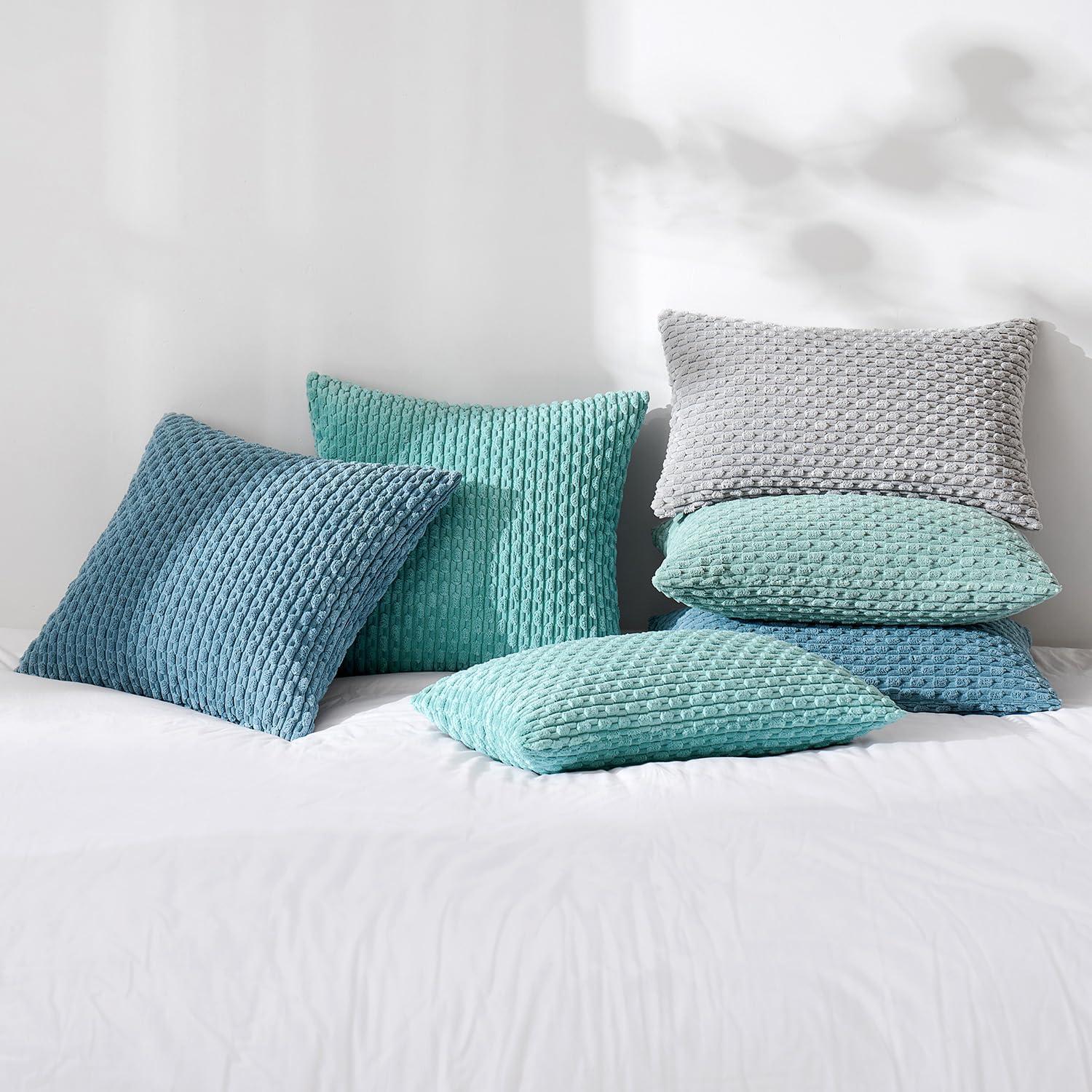 imageMIULEE Christmas Throw Pillow Covers Soft Corduroy Decorative Set of 2 Boho Striped Pillow Covers Pillowcases Farmhouse Home Decor for Couch Bed Sofa Living Room 18x18 Inch Pure WhiteAqua Green