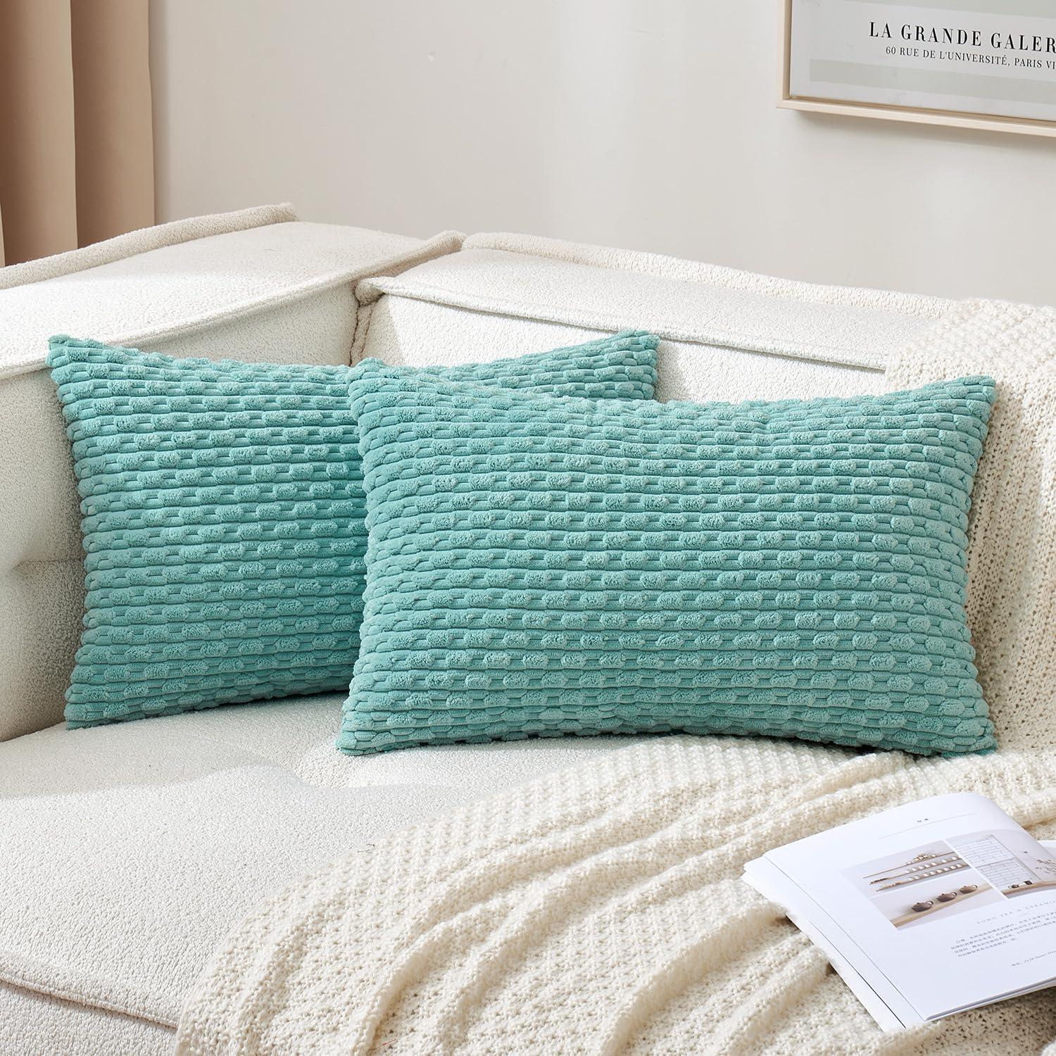 imageMIULEE Christmas Throw Pillow Covers Soft Corduroy Decorative Set of 2 Boho Striped Pillow Covers Pillowcases Farmhouse Home Decor for Couch Bed Sofa Living Room 18x18 Inch Pure WhiteAqua Green