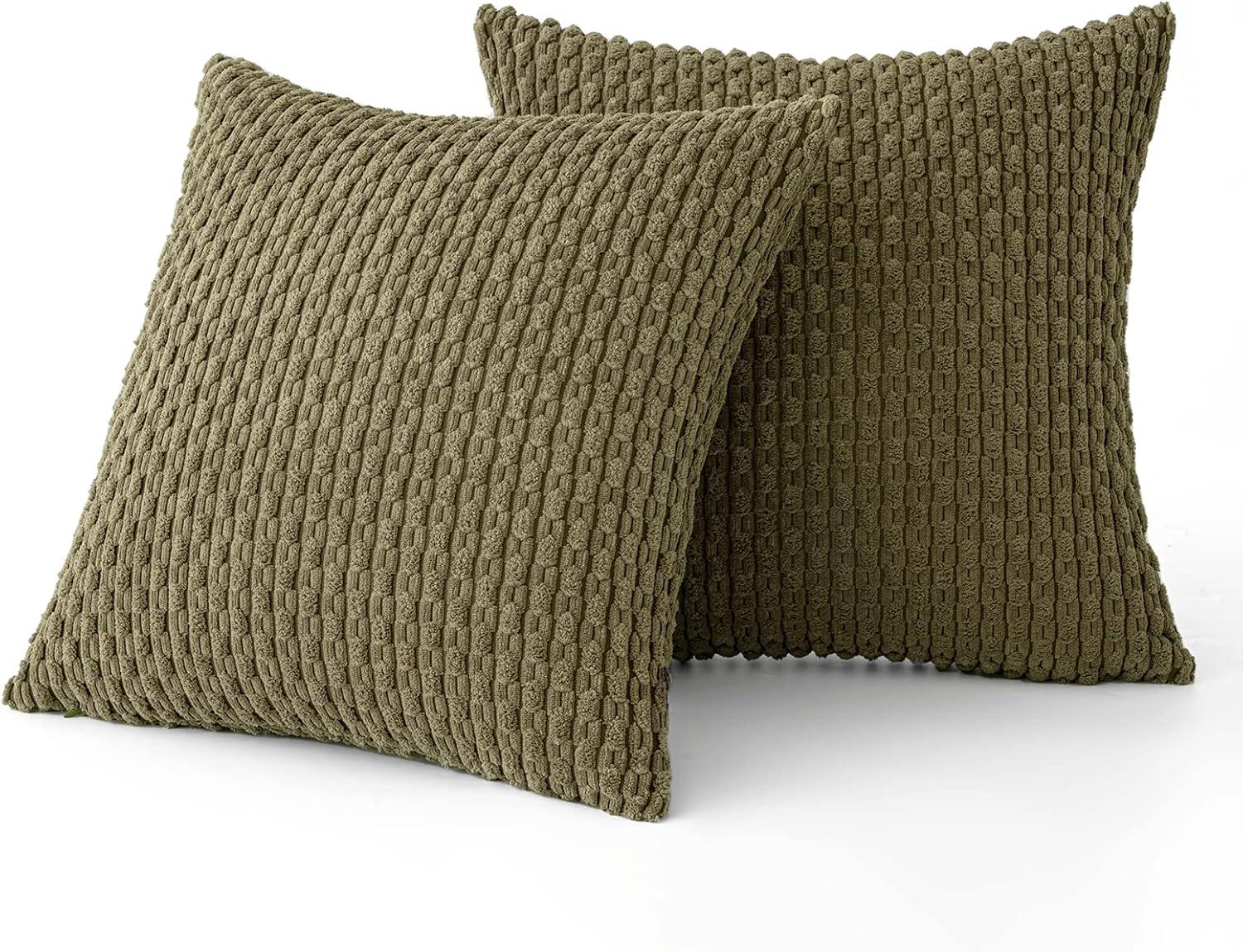 imageMIULEE Christmas Throw Pillow Covers Soft Corduroy Decorative Set of 2 Boho Striped Pillow Covers Pillowcases Farmhouse Home Decor for Couch Bed Sofa Living Room 18x18 Inch Pure WhiteOlive Green