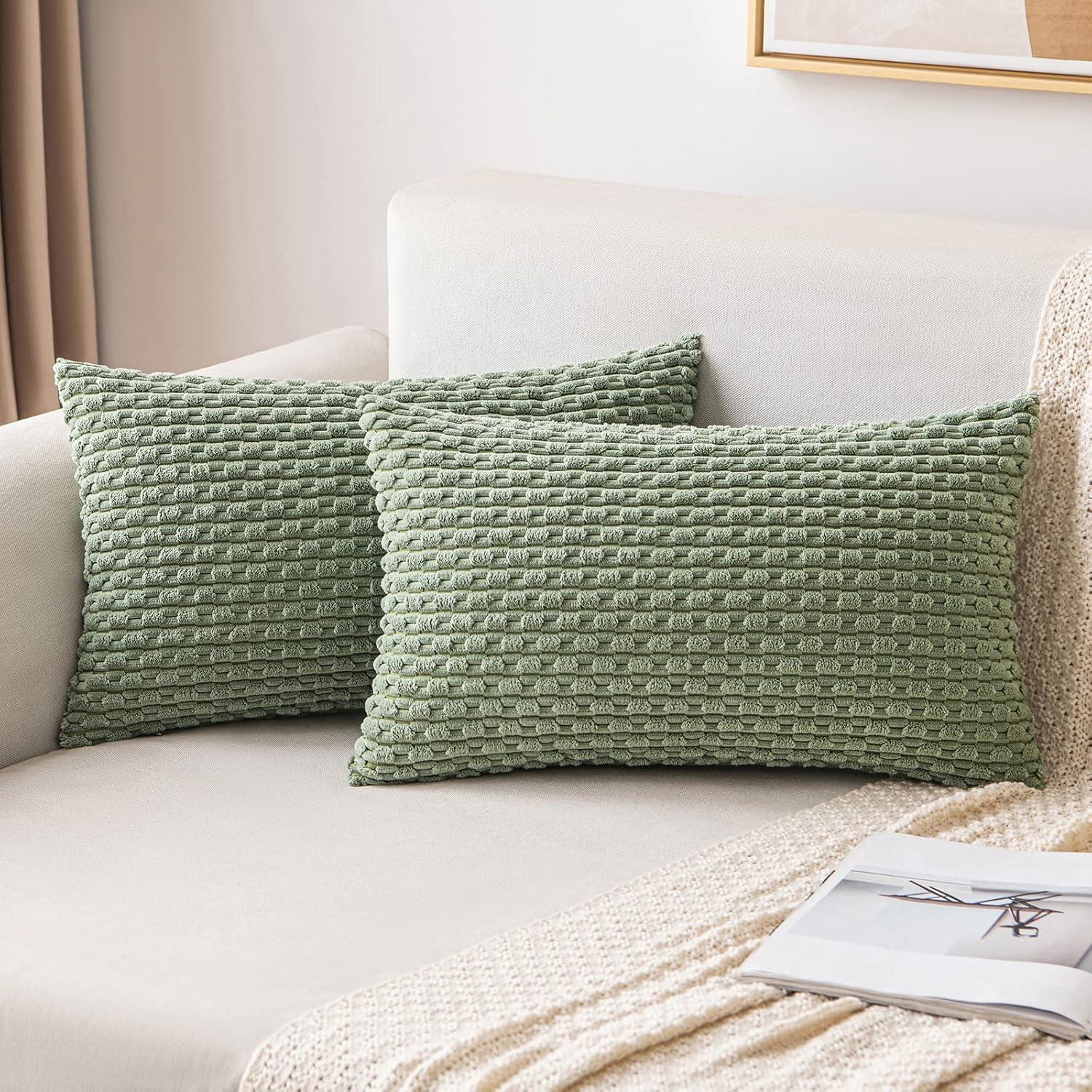 imageMIULEE Christmas Throw Pillow Covers Soft Corduroy Decorative Set of 2 Boho Striped Pillow Covers Pillowcases Farmhouse Home Decor for Couch Bed Sofa Living Room 18x18 Inch Pure WhiteSage Green