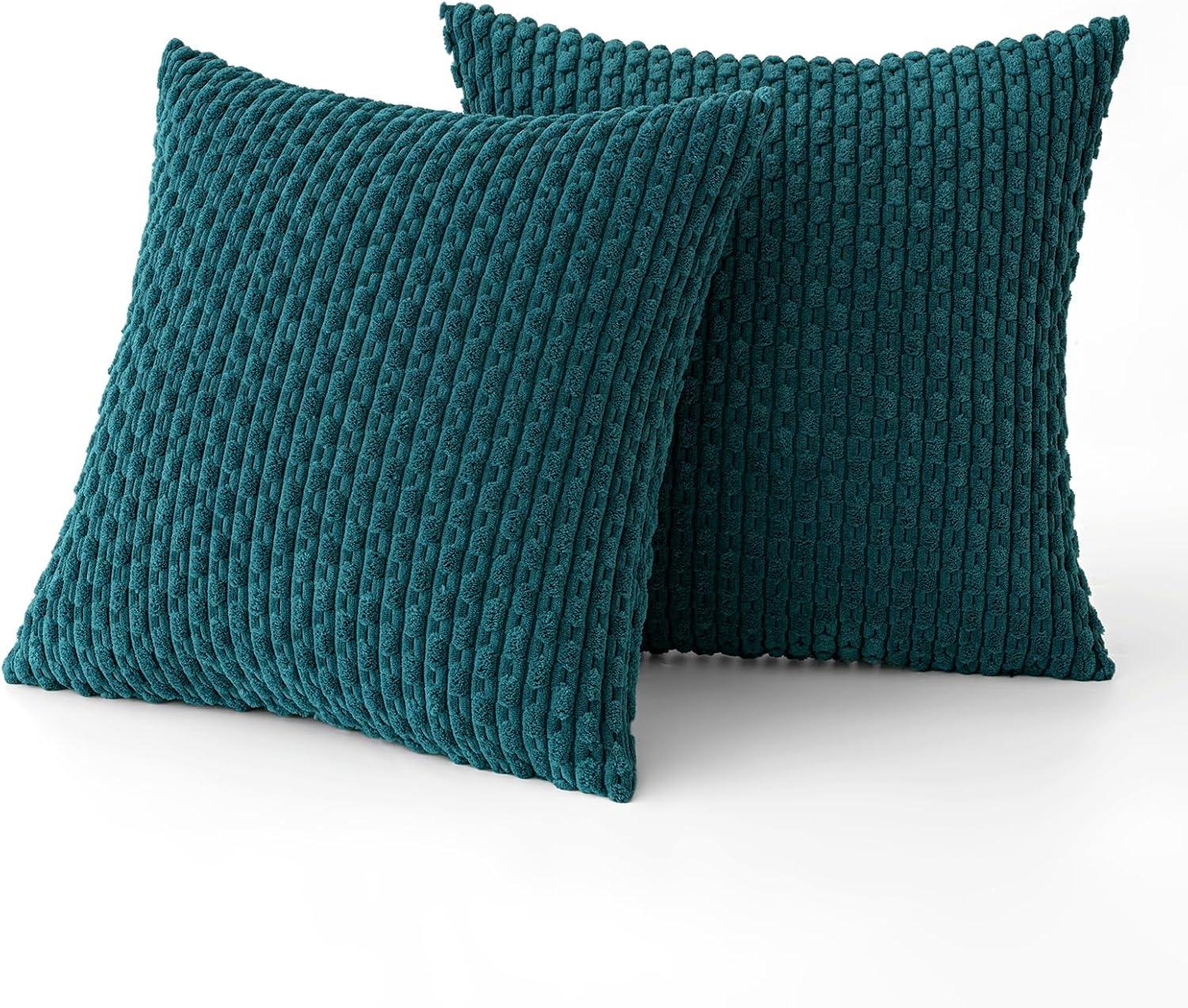 imageMIULEE Christmas Throw Pillow Covers Soft Corduroy Decorative Set of 2 Boho Striped Pillow Covers Pillowcases Farmhouse Home Decor for Couch Bed Sofa Living Room 18x18 Inch Pure WhiteTeal Blue
