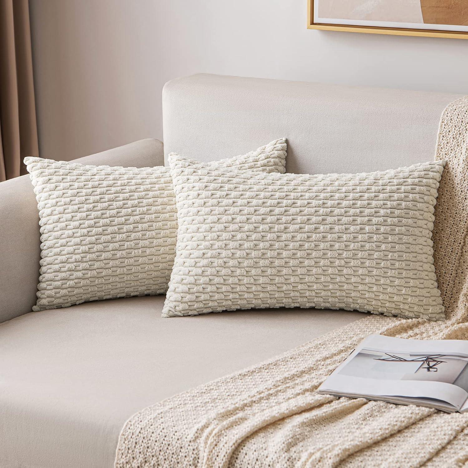 imageMIULEE Christmas Throw Pillow Covers Soft Corduroy Decorative Set of 2 Boho Striped Pillow Covers Pillowcases Farmhouse Home Decor for Couch Bed Sofa Living Room 18x18 Inch Pure WhiteCream White