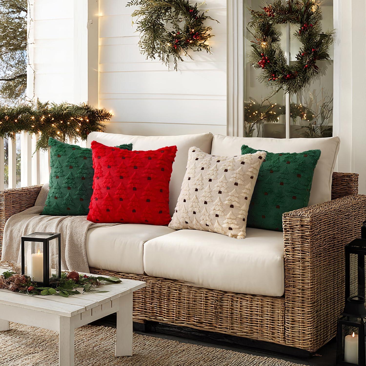 imageMIULEE Christmas Tree Decorative Pillow Covers Faux Fur Wool Throw Pillows Soft Plush Cushion Covers Set of 2 Xmas Home Decor Winter Holiday for Sofa Couch Livingroom Bed 18x18 Inch BeigeRed