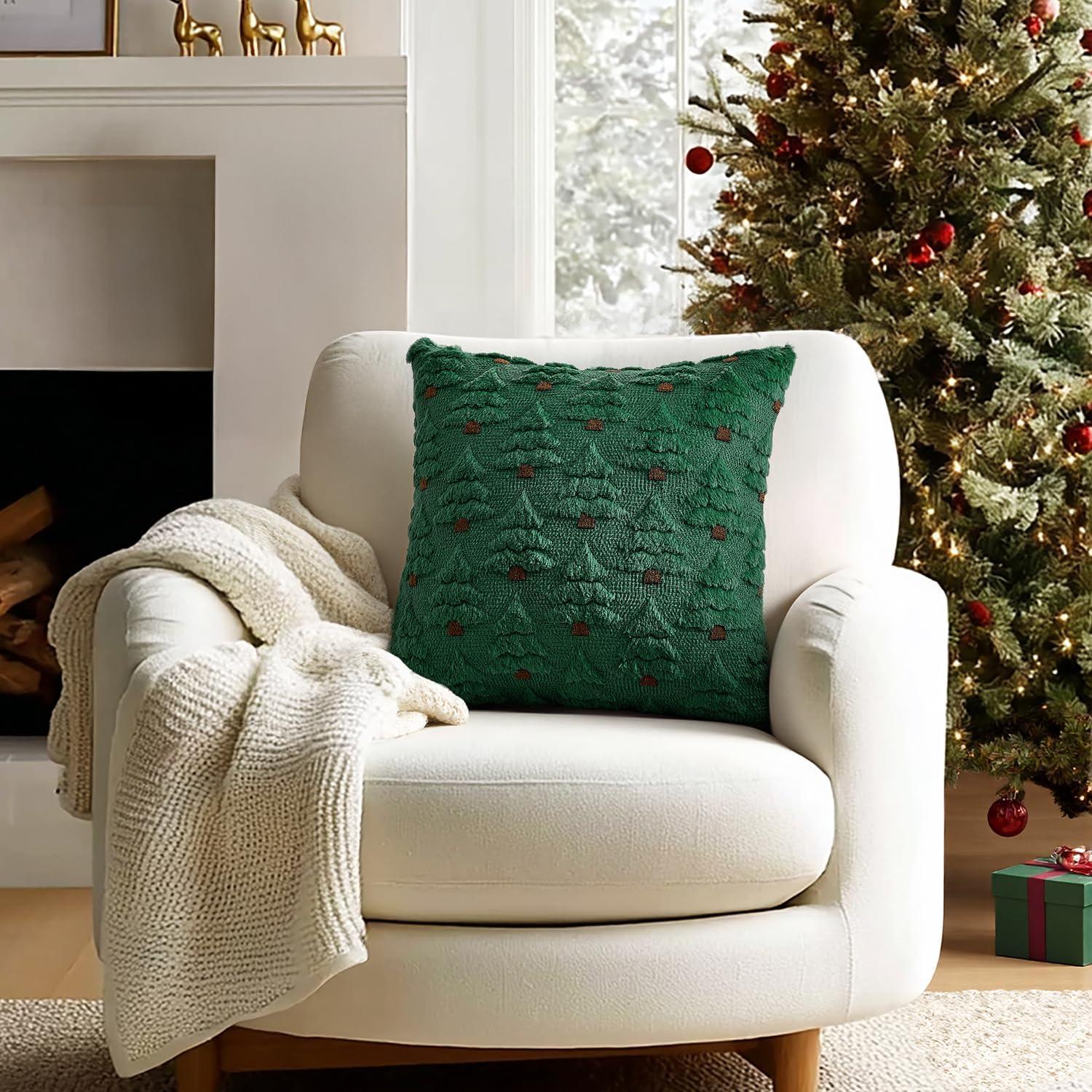 imageMIULEE Christmas Tree Decorative Pillow Covers Faux Fur Wool Throw Pillows Soft Plush Cushion Covers Set of 2 Xmas Home Decor Winter Holiday for Sofa Couch Livingroom Bed 18x18 Inch BeigeDark Green